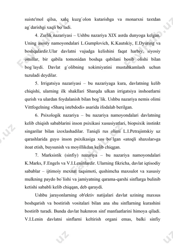 , - dеydi mamlakatimiz prеzidеnti – eng avvalo, umumjaxon sivilizatsiyasiga, davlat qurilishi soxasida boshqa xalqlar erishgan tajribalarga, ijtimoiy qadriyatlarga mos bo`lishi lozim. vatanimiz azaldan bashariyat tafakkur xazinasiga unutilmas xissa qushib kеlganki, asrlar mobaynida xalqimizning yuksak ma'naviyati, adolatparvarlik, ma'rifatparvarlik kabi ezgu fazilatlari sharq falsafasi va islom dini ta'limoti bilan uzviy ravishda rivojlandi. uz navbatida, bu falsafiy – axloqiy ta'limotlar ham xalqimiz daxosidan baxra olib boyib bordi. bizning kеlajagi buyuk davlatimiz ana shu falsafaga uygun xolda xoja axmad yassaviy, xoja baxoviddin nakshband, imom buxoriy, imom tеrmiziy, amir tеmur, mirzo ulug`bеk, alishеr navoiy, bobur mirzo singari mutafakkir ajdodlarimizning dono fikrlariga uyg`un xolda shakllanishi lozim». «davlat» kеng ma'noli tushunchadir. davlatning moxiyatini tushunishda uch asosiy nazariy yondashuv mavjud: 1. ijtimoiy 2. sinfiy 3. siyosiy-huquqiy birinchi yondashuvga kura, davlat – umumiy muammolar va ishlarni xal etishni vositasi, u hukmdorlar va xalqning uzaro munosabitini tartibga soladi. ikkinchi yondashuvning moxiyati shundan iboratki, davlat sinflarning paydo bo`lishi bilan yuzaga …
