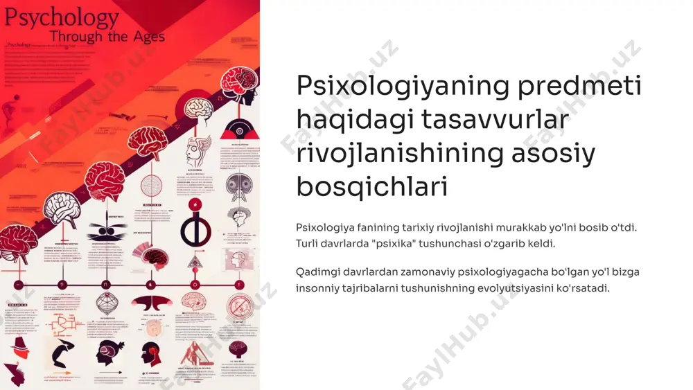 shi kognitiv psixologiya aqliy jarayonlar va ma'lumotni qayta ishlash psixoanaliz ongsizlik va shaxs psixodinamikasi behavorizm o'rganish va shakllanish qonuniyatlari psixologiya fanining tarmoqlari umumiy psixologiya psixik jarayonlarning umumiy qonuniyatlarini o'rganadi amaliy psixologiya psixologik bilimlarni amaliyotda qo'llashga xizmat qiladi maxsus psixologiya rivojlanishdagi o'ziga xos xususiyatlarni tadqiq etadi zamonaviy psixologiya predmeti eksperimental metod nazorat qilinadigan sharoitlarda o'tkaziladigan tajribalar neyrovizualizatsiya miyaning ishlash mexanizmlarini o'rganish usullari suhbat va so'rovnoma shaxsiy ma'lumotlarni to'plash va tahlil qilish kuzatuv tabiiy sharoitlarda xulq-atvorni o'rganish xulosalar tarixiy evolyutsiya psixologiya predmeti haqidagi tasavvurlar bosqichma-bosqich rivojlandi. har bir davr o'z hissasini qo'shdi. o'zaro bog'liqlik turli yo'nalishlar bir-birini to'ldiradi. kompleks yondashuv insonniy tajribani to'liq tushunishga yordam beradi. kelajak istiqbollari psixologiya rivojlanishda davom etmoqda. yangi texnologiyalar va fanlararo integratsiya yangi imkoniyatlar ochmoqda. image1.png image2.png image3.png image4.png image5.png image6.png image7.png image8.png image9.png image10.png image11.png image12.png image13.png image14.png image15.png image16.png image17.png image18.png image19.png image20.png image21.png image22.png image23.png image24.png image25.png image26.png image27.png image28.png image29.png image30.png image31.png image32.png …