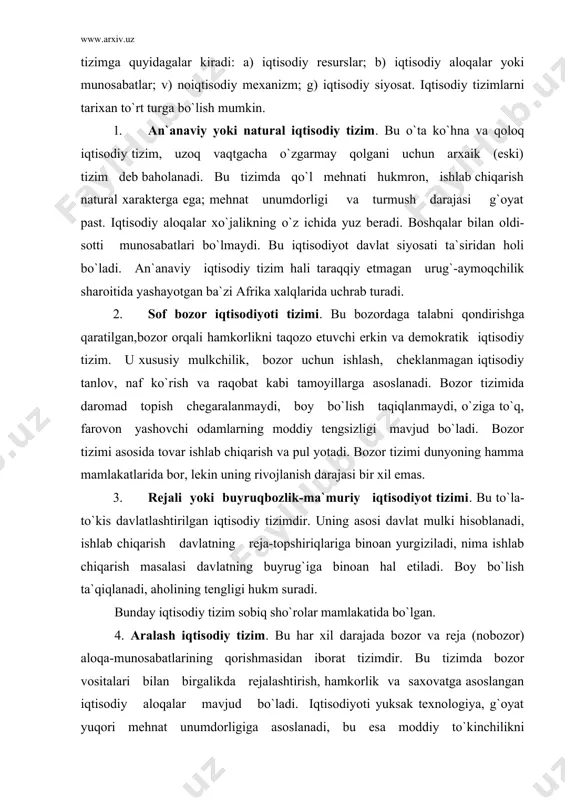 bo`ladi. aralash tizim iqtisodiyoti rivojlangan mamlakatlarda xususan aqsh kanada va evropa mamlakatlarida mavjud. o`zbekiston mustaqillik yillari davomida reja iqtisodiyotidan bozor iqtisodiyoti – aralash iqtisodiyotga o`tmoqda. foydalanilgan adabiyotlar: 1. i.karimov “iqtisodiy erkinlashtirish, resurslardan tejamkorlik bilan foydalanish bosh yo`limiz”. хalq so`zi 13 fevral, 2002 yil. 2. bozor iqtisodiyoti va biznes asoslari: o`quv qo`llanma /a.e.ishmuxamedov va boshk.-t.: tdiu, 2004.-160 c. 1 ekz. 1. maxmudov e.х. korxona iqtisodiyoti: o`quv qo`llanma. - t.: tdiu, 2004.-208 c. 1 ekz. 2. bozor iqtisodiyoti va biznes asoslari: o`quv qo`llanma /a.e.ishmuxamedov va boshk.-t.: tdiu, 2004.-160 c. 1 ekz. 3. круглова н.ю. основы бизнеса. учебник для вузов издательство: рдл, 2005. 4. кузнецов а. основы рыночной экономики. терминологический словарь. издательство: владос, 2004. 5. куторжевский г.а. экономика. основы теории. учебное пособие, издательство: экономика, 2004. 6.www.ziyonet.uz