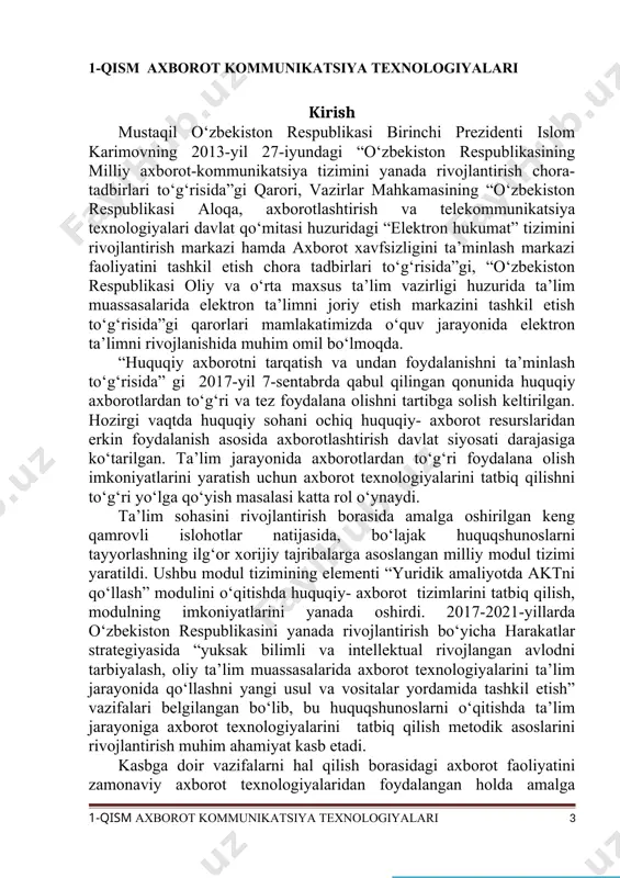 da takomillashtirish chora-tadbirlari to‘g‘risida” gi qarorida bo‘lajak huquqshunoslarga qo‘yilgan talablar va o‘qitish tizimini tubdan o‘zgartirish belgilangan. mazkur darslik huquqshunoslik ixtisosligi bo‘yicha talabalarni tayyorlashga muayyan darajada xizmat qiladi deb o’ylaymiz. i-bob. matnlarni tahrirlobchi dastur imkoniyatlari tayanch so’zlar: menyu, kursor, lenta,oyna,muloqot oynasi, bosh menyu,bufer, figura, simvol, formula, jadval, abzats 1.1§ microsoft word dasturini ishga tushirish microsoft word dasturini ishga tushurish quyidagicha amalga oshiriladi пуск все программы microsoft office microsoft word 2010 yuqoridagi ketma – ketlikdan keyin dastur ishga tushadi va u quyidagi ko‘rinishga ega bo‘ladi. bu erda: uskunalar paneli (dastur menyusi) – dasturga kiritilayotgan matnga ishlov berish uchun ishlatiladi. yozuv tili – matnning qaysi tilda yozilayotganligini ko‘rsatib turadi. o‘z navbatida yozuv tilini o‘zgartirish alt+shift tugmalari yordamida amalga oshiriladi. masshtab – ishchi oyna masshtabini o‘zgartirish uchun ishlatiladi. yopish – microsoft word dasturidan chiqib ketish uchun ishlatiladi. uskunalar paneli bilan tanishish. glavnaya menyusi bilan ishlash. microsoft word dasturida matn (simvol kiritish) kursor turgan joydan …