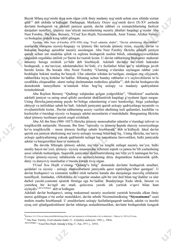 mas tuganmas quch vaqudrat va tayanch sifatida xizmat qilganligidan dalolat beradi” debalohida e’tirof etgan. darhaqiqat, “avesto”ning bosh g‘oyasi “ezgu fikr, ezgu maqsad, ezgu amal” har qanday jamiyat va insonlararo munosabatlarning ma’naviy asosi ekanligidan dalolatdir. avestoning “yashtlar”, “vispirat”, “vididod” qismlarida oila va jamoada berilgan so‘zdan yoki qasamdan voz kechish, odamlar o‘rtasida tuzilgan ahdnomani buzish katta gunoh ekanligio‘z ifodasini topgan. xususan, “o spitama, shartnomani buzuvchi kishi butun mamlakatni buzadi, shu bilan birga artaga tegishli barcha mulku mollarga putur etkazadi”.“o spitama, ahdingni buzma...” g‘oyalaridavlatlar siyosiy tizimininghuquqiy asosi, adolat manbai bo‘lib, ular rim huquqidan ham qadimiyroqdir. avestodagi fuqarolik jamiyatini qurishning birlamchi omili erkak va ayolning teng huquqliligi, oilaning barqarorligini ta’minlash g‘oyasi bugungi kunda ham muhim ahamiyatga bo‘lib,bugun o‘zbekiston respublikasi konstitutsiyasiva boshqa me’yoriy hujjatlarda ayollarning teng imkoniyati va keng huquqlari ta’minlangan. xxi asrda ba’zi mamlakatlarda ayollarning saylash va saylanish huquqi umuman inkor qilinayotgan bir davrda,o‘zbekiston oliy majlis qonunchilik palatasiga ayollarning saylanishi uchun 30% kvotaning ajratilishi, …