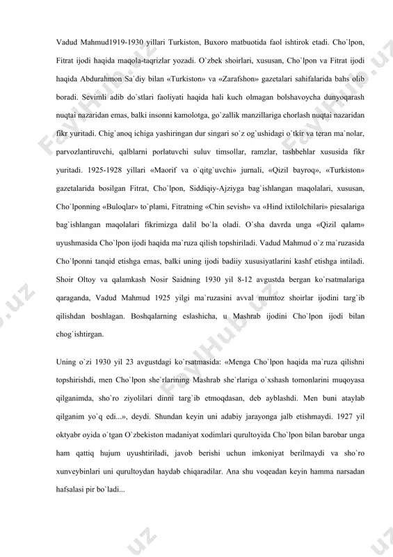 0 yil 23 avgustdagi ko`rsatmasida: «menga cho`lpon haqida ma`ruza qilishni topshirishdi, men cho`lpon she`rlarining mashrab she`rlariga o`xshash tomonlarini muqoyasa qilganimda, sho`ro ziyolilari dinni targ`ib etmoqdasan, deb ayblashdi. men buni ataylab qilganim yo`q edi...», deydi. shundan keyin uni adabiy jarayonga jalb etishmaydi. 1927 yil oktyabr oyida o`tgan o`zbekiston madaniyat xodimlari qurulto​yida cho`lpon bilan barobar unga ham qattiq hujum uyushtiriladi, javob berishi uchun imkoniyat berilmaydi va sho`ro xunveybinlari uni qurultoydan haydab chiqaradilar. ana shu voqeadan keyin hamma narsadan hafsalasi pir bo`ladi... v.mahmudning faoliyatini zimdan kuzatib yurgan siyosiy boshqarma xodimlari 1930 yil 17 avgust kuni uning uyida tintuv o`tkazib, qamoqqa oladilar. unga «millatchilik, aksilinqilobiy tashkilot faoliyati haqida davlat tashkilotlariga xabar bermaganlik, bahoizm bilan shug`ullanganlikda» ayb qo`yadilar. ogpu hay`ati qoshidagi maxsus kengash 1931 yil 3 oktyabrda uch yil mehnat tuzatish lagerlarida va qo`shimcha ravishda yana uch yil mobaynida qozog`istonda ishlashga majbur qiladi. u uch yil toshkentda hibsda bo`lgach, olmaotaga surgun qilinadi. 1936 yil oxiri …