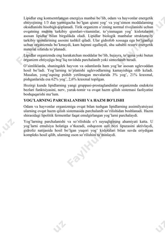 kirganligi sababli, trubkada vakuum paydo bo’lib barmoqni so’radi. etil spirt hosil bo’lganligini aniqlash. bijg’ituvchi trubkadagi aralashma filtrlanib, filtratdan probkaga tomchi eritma quyiladi, uning ustiga shuncha miqdorda lyugol eritmasidan qo’shiladi. hosil bo’lgan aralashma bir oz qizdirilsa, yodoformga xos hid seziladi. lipidlar almashinuvi lipidlar eng kontsentrlangan energiya manbai bo’lib, odam va hayvonlar energetik ehtiyojining 1/3 dan yarmigacha bo’lgan qismi yog’ va yog’simon moddalarning oksidlanishi hisobiga qoplanadi. tirik organizm o’zining normal rivojlanishi uchun ovqatning muhim tarkibiy qismlari-vitaminlar, to’yinmagan yog’ kislotalarini asosan lipidlar bilan birgalikda oladi. lipidlar biologik manbalar strukturaviy tarkibiy qismlarining asosini tashkil qiladi. ular gidrofob xossaga ega bo’lganligi uchun organizmda bo’kmaydi, kam hajmni egallaydi, shu sababli rezerv energetik material sifatida to’planadi. lipidlar organizmda eng harakatchan moddalar bo’lib, hujayra, to’qima yoki butun organizm ehtiyojiga bog’liq ravishda parchalanib yoki sintezlanib turadi. o’simliklarda, shuningdek hayvon va odamlarda ham yog’lar asosan uglevoddan hosil bo’ladi. yog’larning to’planishi uglevodlarning kamayishiga olib keladi. masalan, yong’oqning pishib yetilmagan mevalarida 3% …