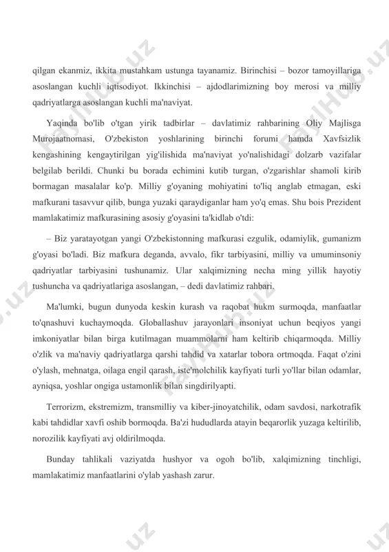 zviylik hozircha bunday emas. bu borada bog'cha, maktab, oliy ta'lim, mahalla – har biri alohida ish olib boryapti. shu bois ma'naviy-ma'rifiy ishlarning yagona tizimini yaratish, xususan, o'g'il-qizlarni bolaligidanoq bilimli va fazilatli etib tarbiyalash, buning uchun maktabgacha ta'lim muassasalariga metodik yordam ko'rsatish muhimligi ta'kidlandi. shuningdek, maktablar, o'rta maxsus va oliy ta'lim dargohlarida ma'naviy-ma'rifiy ishlar samaradorligini oshirish bo'yicha ko'rsatmalar berildi. barcha oliygoh va ularning filiallarida mavjud shtat birliklari doirasida yoshlar masalalari va ma'naviy-ma'rifiy ishlar bo'yicha prorektor lavozimi joriy etilishi aytildi. mahallalarda ijtimoiy-ma'naviy muhit barqarorligini ta'minlash masalalariga alohida e'tibor qaratildi. “bir ziyoli – bir mahallaga ma'naviy homiy” tamoyili asosida har bir mahallaga professor-o'qituvchi va taniqli ziyolilar biriktirilishi ma'lum qilindi. shuningdek, toshkent shahar nuroniylarining tarbiyasi og'ir, ishsiz yoshlarga ko'maklashish bo'yicha tashabbusi qo'llab-quvvatlandi. hududlar markazida namunaviy loyiha asosida ma'naviyat va ma'rifat maskanlarini barpo etish, mahalliy byudjetlar hisobidan sohaga qo'shimcha shtatlar ajratish bo'yicha ko'rsatma berildi. darhaqiqat,samarali iqtisodiyot bizning nafaqat bugungi, balki ertangi hayotimiz, hozirgi va kelajakdagi …