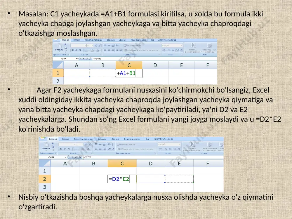 ’ladi. a1 yacheykasi formulalar qatorida – a1 yacheyka manzili ko'rinadi, xolat qatorida «укажит» (ko'rsating) yozuvi paydo bo'ladi. «=» belgisi kiritiladi. natijada xarakatlanuvchi rom yo'qolib yana «ввод» (kiritish) so'zi chiqadi. sichqoncha ko'rsatkichini a2 yacheykaga o'tkaziladi va sichqoncha chap tugmachasi bosiladi. formula a2 yacheyka qo'shiladi. enter tugmasini bosish bilan formulani kiritish yakunlanadi. yacheyka manzilini ko'rsatish usuli klaviatura yordamida kiritish usulidan oson va tez bajariladi. formulalarni boshqa ishchi jadvallar yacheykalariga ham yuborish mumkin, boshqacha aytganda formulalar bir necha joyda takrorlanishi mumkin. xattoki, boshqa ishchi jadvallarda ham buning uchun excelda maxsus yozuv ishlatiladi. image2.png image3.png image4.png image5.png image6.png image7.png image1.jpeg /docprops/thumbnail.jpeg