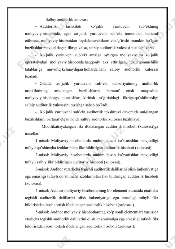 ng nomi; · auditorlik tashkiloti davlat ro`yxatiga olingani to`g`risidagi guvohnoma raqami; · auditorlik tashkiloti hisob-kitob varag`ining raqami; · auditorlik tekshiruvida ishtirok еtgan auditor (auditorlar)ning, shuningdek, auditorlik tashkiloti rahbarining familiyasi, ismi va otasining ismi. kirish qismida sana va hisobot davri ko`rsatilgan holda tekshirilgan moliyaviy hisobotlar ro`yxati keltirilishi kerak. kirish qismida quyidagilar ko`rsatilishi kerak: · xo`jalik yurituvchi sub’ekt auditorlik tekshiruvidan o`tkaziladigan moliyaviy hisobotni tayyorlash va uning haqqoniy bo`lishi uchun javobgar; · auditorlik tashkiloti auditorlik xulosasining xo`jalik yurituvchi sub’ektning moliyaviy-xo`jalik faoliyati natijalariga muvofiq bo`lishi uchun javobgar. shu bilan birga auditorlik xulosasining kirish qismida tekshiruvdan o’tkazilgan moliyaviy hisobotlar ro’yxati, sanasi va hisobot davri ko’rsatilgan holda aks ettirilishi lozim. shuningdek, kirish qismida auditorlik tekshiruvidan o’tkaziladigan hisobotning tayyorlanishi va ishonchliligi uchun ma’suliyat xo’jalik yurituvchi sub’ekt rahbariyatiga yuklatilishi, mazkur moliyaviy hisobot bo’yicha berilgan auditorlik xulosasi uchun esa auditorlik tashkiloti javobgar ekanligi ko’rsatilishi lozim. auditorlik xulosasining ta’kidlovchi qismida auditorlik xulosasi afmsga muvofiq o’tkazilganligi ta’kidlanishi lozim. ta’kidlovchi qism moliyaviy …