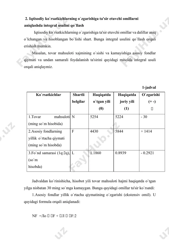 ladi, ya'ni funktsional bo`ladi. quyidagi jadval ma'lumotlari asosida korrеlyatsion-rеgrеssion usuldan foydalanib, ishchilarni fond bilan qurollanish va bir ishchiga to`g`ri kеluvchi ish unumi o`rtasidagi bog`lanishni ko`rishimiz mumkin. 2 - jadval tartib soni fond bilan qurollanish (ming so`m) х bir ishchiga to`g`ri keluvchi ish unumi (ming so`m) y o`rtacha x qatarda n farqi хqхх o`rtacha y qatorda n farqi y q yy farqlar ni ko`paytmasi х  y х qatorning kvadrat farqi 2 х y qatorning kvadrat farqi y2 a 1 2 3 4 5 6 7 1 0,10 2,5 0,45 1,35 0,6075 0,2025 1,8225 2 0,20 2,8 0,35 1,05 0,3655 0,1225 1,1025 3 0,30 2,9 0,25 0.95 0,2375 0,0625 0,9025 4 0,40 3,7 0,15 0,15 0,0225 0,0225 0,0225 a 1 2 3 4 5 6 7 5 0,50 3.9 0,05 - 0,05 - 0,0025 0,0025 0,0025 6 0,60 4,3 - 0,05 - 0,45 0,0225 0,0025 0,2025 7 0,70 3,8 - 0,15 …