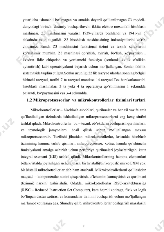 rni eng keng sinfini tashkil qiladi. mikrokontrollerlar bu – texnik ob’ektlarni boshqarish qurilmalarni va texnologik jarayonlarni hosil qilish uchun mo’ljallangan maxsus mikroprotsessordir. tuzilishi jihatidan mikrokontrollerlar, kristalda hisoblash tizimining hamma tarkib qismlari: mikroprotsessor, xotira, hamda qo’shimcha funksiyalarni amalga oshirish uchun periferiya qurilmalari joylashtirilgan, katta integral sxemani (kis) tashkil qiladi. mikrokontrollerning hamma elementlari bitta kristalda joylashgani uchun, ularni bir kristalli(bir korpusli) mirko exm yoki bir kistalli mikrokotrollerlar deb ham atashadi. mikrokontrollerlarni qo’llashdan maqsad – komponentlar sonini qisqartirish, o’lchamini kamaytirish va qurilmani (tizimni) narxini tushirishdir. odatda, mikrokotrollerlar risc-arxitekturasiga (risc – reduced instruction set computer), kam hajmli xotiraga, fizik va logik bo’lingan dastur xotirasi va komandalar tizimini boshqarish uchun mo’ljallangan ma’lumot xotirasiga ega. shunday qilib, mikrokontrollerlar boshqarish masalasini yechish, nazorat, tartibga solish va ma’lumotlarga dastlabki ishlov berish uchun mo’ljallangan. mikrokontrollerli boshqaruv tizimiga mikrokontroller va u bilan boshqaruv ob’ektini ulash (biriktirish) qurilmasi kiradi (1.3-rasm). 1.3-rasm. mikrokontroller asosidagi boshqaruv tizimining odatiy tuzilishi: bssh –boshqaruv signallarini shakllantirgichlar; …