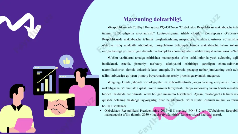 vosita, natija va jarayonni o‘z ichiga oladi. (rus pedagogika ensiklopediyasi. - m., 1993). pedagogik faoliyat - bu insoniyat tomonidan to‘plangan madaniyat va tajribani keksa avloddan yoshlarga o‘tkazish, ularning shaxsiy rivojlanishi uchun sharoit yaratish va jamiyatda muayyan ijtimoiy rollarni bajarishga tayyorlashga qaratilgan ijtimoiy faoliyat turi. sodiqova sh.a. maktabgacha pedagogika. t.: tafakkur bo‘stoni 2013 pedagogik faoliyatning maqsadi umumlashtirilgan xarakterga ega. mahalliy pedagogikada u an'anaviy tarzda "shaxsning har tomonlama barkamol rivojlanishi" formulasida ifodalanadi. individual o‘qituvchiga etib borganidan so‘ng, u o‘qituvchi o‘z amaliyotida amalga oshirishga harakat qiladigan o‘ziga xos individual muhitga aylanadi. pedagogik faoliyat maqsadining asosiy ob'yektlari sifatida ta'lim muhiti, ta’lim oluvchilar faoliyati, o‘quv jamoasi va bolalarning individual xususiyatlari ajralib turadi. pedagogik faoliyat maqsadini amalga oshirish ta'lim muhitini shakllantirish, o‘quvchilar faoliyatini tashkil etish, o‘quv jamoasini yaratish, shaxsning individual xususiyatlarini rivojlantirish kabi ijtimoiy-pedagogik vazifalarni hal qilish bilan bog‘liq. pedagogik faoliyatning predmeti - talabalarning o‘quv, bilish va tarbiyaviy faoliyatini boshqarish. boshqaruv faoliyati o‘z faoliyatini va bolalar …