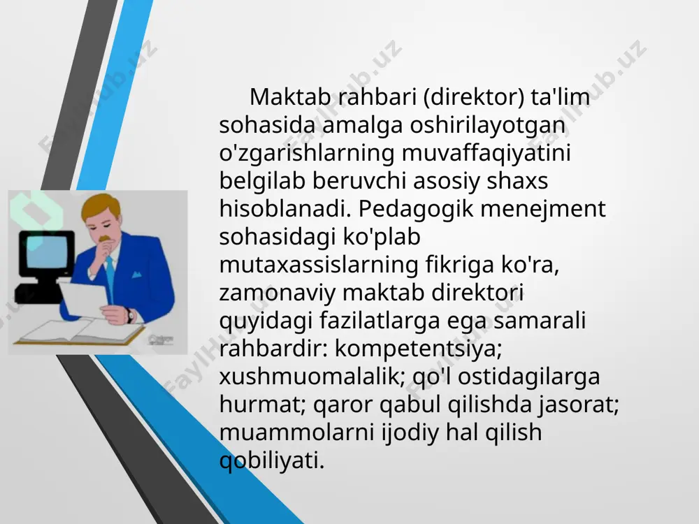 anishning umumiy darajasi, intellektual xususiyatlar, individual psixologik xususiyatlar (temperament, shaxsiyat yo'nalishi); 3) ishbilarmonlik fazilatlari va tashkilotchilik qobiliyati: tashabbus; muammolarni hal qilishda mustaqillik; o'z-o'zini tashkil qilish (o'z va boshqa odamlarning vaqtini tejash qobiliyati, aniqlik va aniqlik); intizom; ishlash; maqsadni aniq belgilash va vazifani qo'yish qobiliyati; sharoitga qarab xulq-atvor uslubini o'zgartirish qobiliyati; xodimlarni tartibga solish va ularning o'zaro hamkorligini tashkil qilish qobiliyati, jamoani safarbar qilish va unga rahbarlik qilish qobiliyati; qo'l ostidagilarning faoliyatini nazorat qilish qobiliyati; tez qaror qabul qilish qobiliyati va istagi; natijalarni ob'ektiv tahlil qilish va baholash qobiliyati va istagi, bo'ysunuvchilarni rag'batlantirish qobiliyati; topshirilgan vazifaga ijodiy yondashish; tashabbusni qo'llab-quvvatlash qobiliyati, hamma narsadan yangi, progressiv foydalanish istagi; o'z hokimiyatini saqlab qolish qobiliyati. 4) kommunikativ sifatlar: menejerning yuqori va tegishli rahbarlar, qo'l ostidagilar bilan ishbilarmonlik aloqalarini o'rnatish qobiliyati, jamoada normal psixologik iqlimni saqlash qobiliyati, muloqot qilish qobiliyati (nutq madaniyati, tinglash qobiliyati va boshqalar), omma oldida gapirish qobiliyati; 5) kasbiy bilim: menejment fanini …