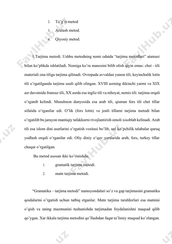 sh va o’rganishga muhim o’rin beriladi. nutq faoliyati turlarini o’rganish tartibi quidagicha kechadi: tinglab tushunish – gapirish – o’qish – yozuv. og’zaki nutq chet tilda aloqa vositasi sifatida yozma nutq esa og’zaki nutq materiali asosida o’rgatiladi. muallimlar audiolingual metodning bir qancha ijobiy hossalarini maktab tajribasidan biladilar. ma’lumki nutq namunalarining til o’rgatish birligi darajasida qo’llanilishi, og’zaki nutqning ilgarilashi, og’zaki nutq materialida o’qish va yozuvning o’rgatishi v – vii sinflarda tegishli o’zgarishlar bilan qabul qilingan. ikkala metodning umumiyligidan tashqari tafovutlari ham bor. m: audiovisual metodda o’gzaki nutq, yozuv va ohirgi navbatda o’qish o’rgatiladi: bizning maktablarda ushbu metodning ayrim tomonlaridan ijobiy foydalaniladi. o’rta maktabda birinchi yili chet til o’qitishda yozuv o’qishdan oldin keyinchalik o’qish barcha nutq turlaridan ildin o’rganiladi. to’gri metodlarning reproduktiv va retseptiv tarzda chet tili o’rgatish metodlari ham metodika tarixida sezilarli iz qoldirgan. aralash metod. ushbu metod 2 katta metodik yo’nalishlarning ilmiy amaliy tomonlarini o’ziga singdirib ilganligi ko’rinib turibdi. aralash metodlar …
