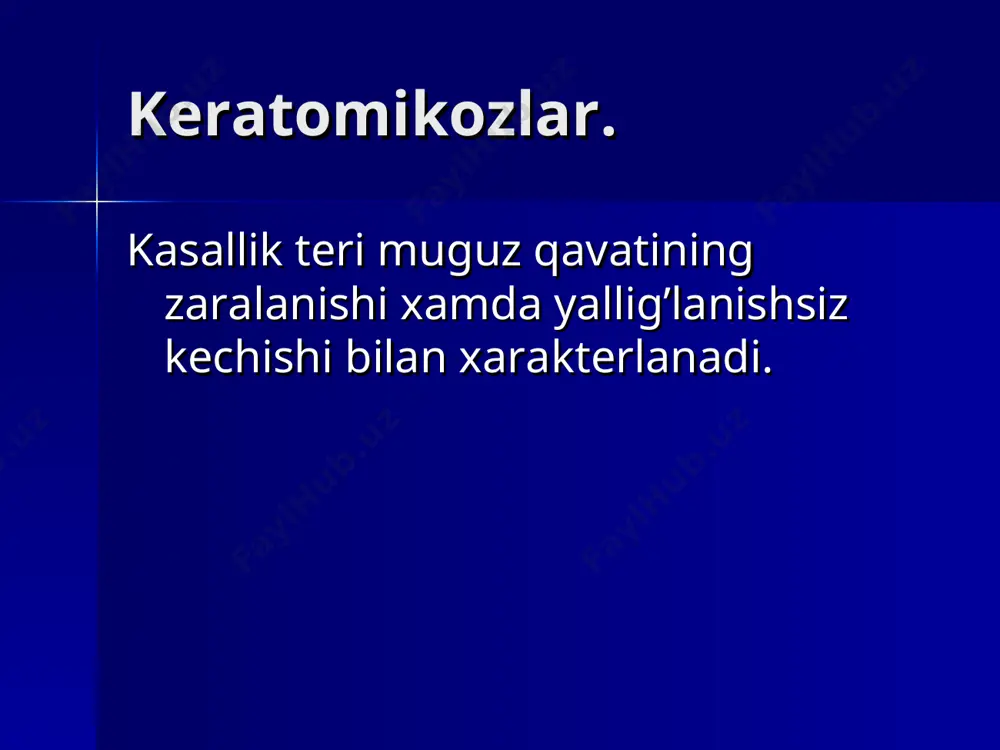 ri. 2. chuqur-maddalangan infiltrativ. tirnoqlar trixofitiyasi . trixafitiya klinik turlarining tafovutlari: yuza trixafitiya- ko’pincha bemor bilan bevosita muloqotda bo’lganda yoki bemor ishlatgan xar xil buyumlar (taroq, bosh kiyim, va boshqalar) foydalanilganda yuqadi. ko’proq bolalar kasallanadi. chuqur trixafitiya- bu turi asosan (mol, ot, cho’chqa, sichqon, kalamush va x.k) yuqadi. tirnok trixafitiyasi- nisbatan kamroq uchraydigan xili xisoblanadi. kasallik silliq teri va boshning sochli qismidan zamburug’larning tirnoqqa o’tishidan kelib chiqadi. aksariyat qo’l tirnoqlari shikastlanadi mikrosporiya kasallik qo’zg’atuvchisi microsporum turkumiga kiruvchi zamburug’lar keltirib chiqaradi. antropofil va zooantropofil turlari tafovut qilinadi. favus kasallik qo’zg’atuvchisi achorrion shonleinii (shenleyn axorioni) zamburig’i sabab bo’ladi. asosan boshning sochli qismi, silliq teri, tirnoqlar zararlanadi. kasallik kontakt yo’li bilan yuqadi. kasallik xozirgi kunda yo’qotilgan. quyidagi klinik turlari mavjud: skvanmoz, silliq teri, tirnoq va atipik. kandidozlar kasallikka kandida turkumiga kiruvchi achitkisimon zamburug’lar sabab bo’ladi. bunda teri, shilliq qavati, tirnoq va ichki a`zolar zaralanadi. klinikasi: kasallikning klinik kechishiga qarab yuza, sistemali, surunkali turlari …