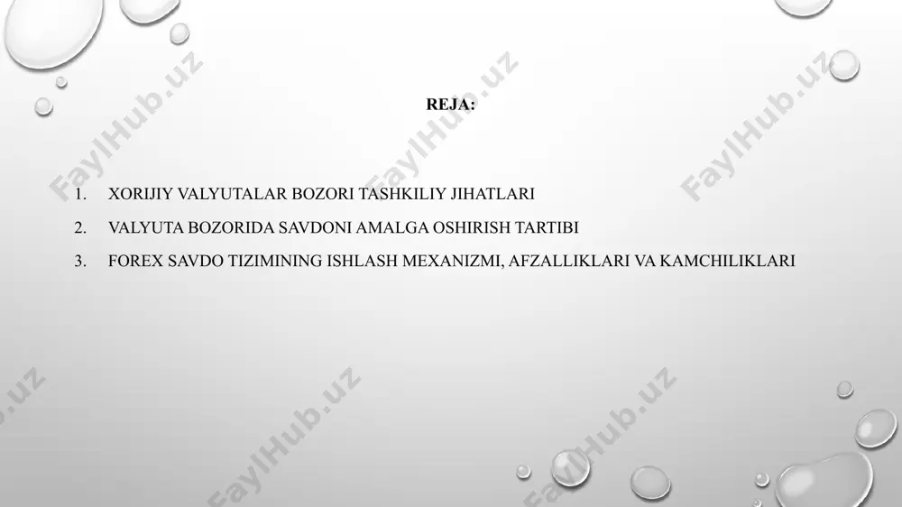 ida bitimlar tuziladi. forex bozori ishtirokchilari markaziy banklar tijorat banklari investitsiya banklari brokerlar va dillerlar pensiya fondlari sug’urta kampaniyalari xalqaro korporatsiyalari boshqalar fond birjasidan farqli oʻlaroq, valyuta bozori tartibga solinmagan bozor hisoblanadi. har bir tranzaksiya yopiq tarzda boʻlib, tomonlarning kelishuviga koʻra amalga oshiriladi. xalqaro valyuta bozori kuniga 24 soat, haftasiga 5,5 kun ishlaydi yaʼni yakshanba kuni 12:00 soʻng jumaga qadar ishlaydi. foreksda markaziy banklardan tortib individual investorlar kabi bir qator ishtirokchilar valyutalar boʻyicha kelishuvlarni amalga oshiradi. davlatlar markaziy banklarining oʻz valyuta zaxiralarini qaysi valyutada shakllantirishidan kelib chiqqan holda foreksda asosan qaysi valyutalar qatnashishini bilib olish mumkin. eslatma dunyo boʻyicha markaziy banklar zaxiralari shakllantirilgan valyutalar boʻyicha maʼlumot valyuta bozorida savdoni amalga oshirish tartibi foreksda daromad olish bosqichlari foreks bozorining afzalliklari orasida eng muhimlari xususida toʻxtalib oʻtamiz. foreks bozorining ayrim kamchiliklari: yapon shamlari uzoq yillardan buyon yapon treyderlari tomonidan texnik tahlil uchun qoʻllanib kelingan. yaqin yillardan boshlab esa boshqa davlat treyderlarining diqqatini …
