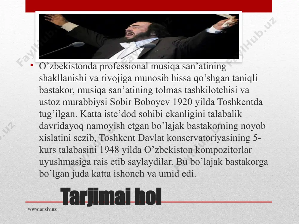 o simfonik musiqa festivali o`tkazildi. o`zbekiston respublikasi bastakorlar uyushmasi o`tkazgan mazkur festivalda yigirmaga yaqin mamlakatdan ijrochilar ishtirok etishdi. ular o`zbekistonda jahon musiqa san'ati klassik namunalarining eng oliy darajada ijro etilganligiga va ushbu soha jahon klassik an'analari bilan o`zbek milliy musiqa san'atining uyg`unlashgan yangi maktabi yaratilganligiga guvoh bo`lishdi. ushbu festival har ikki yilda o`tkazilmoqda. mutal burxonov, ikrom akbarov, sayfi jalil, sobir boboyev, boris giyenko, rustam abdullayev, mustafo bafoyev singari bastakorlarning ijodiga yuksak baho berdilar. www.arxiv.uz image2.jpeg image3.jpeg image4.jpeg image5.jpeg image6.jpeg image7.jpeg image8.png image9.jpeg image10.jpeg image11.jpeg image12.jpeg