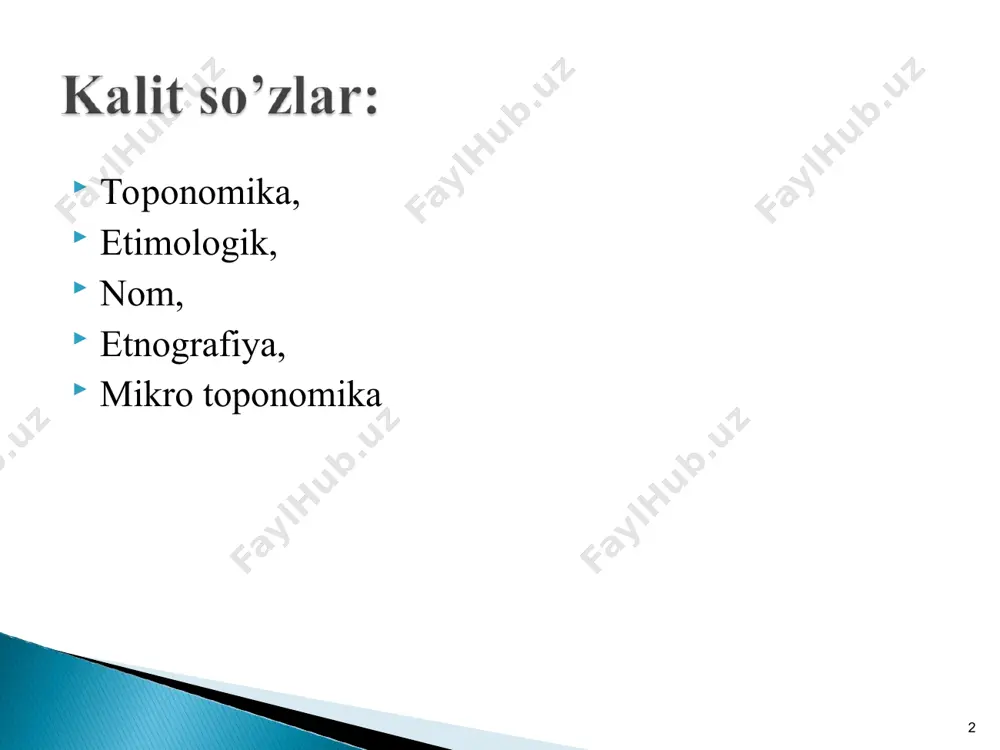 nib boradi. toponimik nomlar manbai va ularni o’rganishda qo`llanilgan uslub va usullarning to`g`riligini aniqlash maqsadida yozma va boshqa manbalar qo`lyozmalar, akt materiallari, aholi joylashgan chegaralarni aks ettiruvchi bosh (asosiy) va maxsus xaritalar hamda ilmiy safar xaritalari bilan solishtirib chiqiladi. * o`tmishda yangi zamindor (yer egasi) paydo bo`lishi bilan ko`pincha aholi eski geografik nomlar o’rniga shu zamindorning nomini qo`yishgan. dialektologiyadan farqli o`laroq toponimikaga oid ma`lumot to`plashda, joylarning nomlarini o’rganishda aholidan yoppasiga so’rash uslubi qo`llaniladi. faqat shunday uslub bilangina turli daralar, kichik soy va anhorlar, jarliklar, ko`llar va boshqa shunga aloqador bo`lgan nomlarning miqdorini aniqlash mumkin, xolos. * toponimikaning ayrim toifalari va tizimlari o’rtasidagi o`zaro aloqalarni o’rganish yo`li bilan toponimlarni tavsiflash toponimik tadqiqotlarning asosini tashkil etadi. ko`pgina mutaxassis toponimistlar mahalliy toponimlarni har tomonlama regional tadqiq qilishga katta e`tibor beradilar. bunda, albatta, mikro va makro toponimikani o`zaro taqqoslash zarur * ma`lum joyning geografik nomi tarixi to`laroq, shu o`lkada yashagan xalqlar tarixi bilan bog`liq …