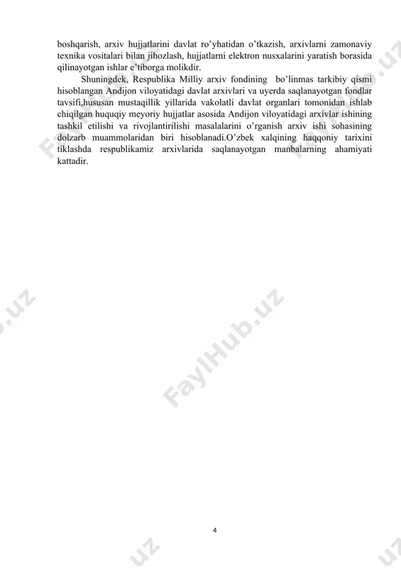 tlar mavjud. hozirda viloyat davlat arxivi namangan shahri, bank ko‘chasi, 9-uyda faoliyat yuritmoqda. mustaqillik sharofati bilan viloyatda arxiv ishi bo’yicha juda kotta ishlar amalga oshirildi. bunga chust tumanidagi davlat arxivi faoliyatini misol qilib keltirishimiz mumkin. jumladan, chust davlat arxivi 4 ta tuman, 2 ta shahar, 233 ta tashkilot korxonalar muassasalariga xizmat ko’rsatgan. shahar va tuman xokimliklari filiali ishiga yaqindan amaliy yordam beradilar va ularni qo’llab quvatlaydilar. 1968-yilga kelib namangan viloyati davlat arxivi deb qayta nomlandi. arxiv jamg’armalarida namangan viloyati siyosiy-iqtisodiy,madaniy va ijtimoiiy tarqaqiyotga oid sovet hukiumati davrini yorituvchi hujjatlar jamlangan. namangan viloyati sho’rolar hukumatining o’rnatilishi,milliy ozodlik harakati,sotsialistik qurilishning olib borilishi va namangan viloyati shahar va tuman ijroiya qo’mitalar jamg’armalarida turli hujjatlar mujassamlashgan[footnoteref:2]. arxivning suratli hujjatlar jamg’armasida yer-suv islohotlari sanoat xalq xo’jalik tarqqiyotining madaniy va ommaviy tarzda yoritilishga oid hujjatlar mavjud. namangan viloyatida sho’rolar davrida arxiv ishining rivojini namangan viloyatining uychi tumani arxivi faoliyatida ko’rib chiqsak,uychi tumani davlat arxivi dastavval arxiv …