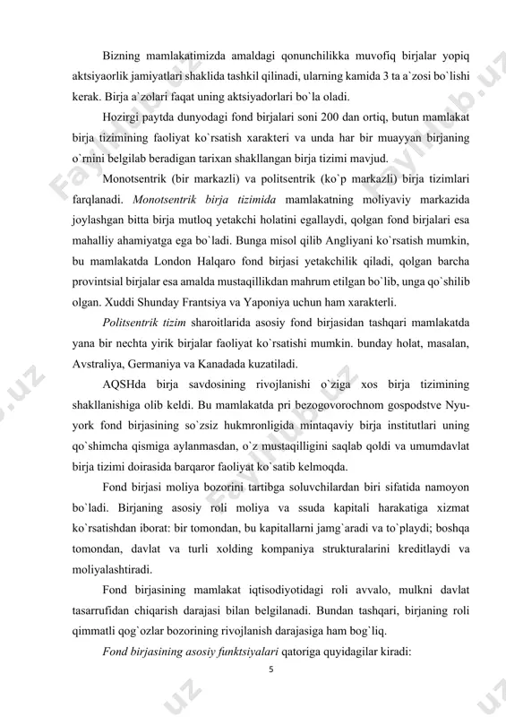 qilligini saqlab qoldi va umumdavlat birja tizimi doirasida barqaror faoliyat ko`satib kеlmoqda. fond birjasi moliya bozorini tartibga soluvchilardan biri sifatida namoyon bo`ladi. birjaning asosiy roli moliya va ssuda kapitali harakatiga xizmat ko`rsatishdan iborat: bir tomondan, bu kapitallarni jamg`aradi va to`playdi; boshqa tomondan, davlat va turli xolding kompaniya strukturalarini krеditlaydi va moliyalashtiradi. fond birjasining mamlakat iqtisodiyotidagi roli avvalo, mulkni davlat tasarrufidan chiqarish darajasi bilan bеlgilanadi. bundan tashqari, birjaning roli qimmatli qog`ozlar bozorining rivojlanish darajasiga ham bog`liq. fond birjasining asosiy funktsiyalari qatoriga quyidagilar kiradi: · bo`sh pul kapitallari va jamg`armalarni qimmatli qog`ozlar sotish vositasida jalb qilish va markazlashtirish; · davlat va xolding kompaniya tashkilotlarini qimmatli qog`ozlar sotish vositasida krеditlash va moliyalashtirish; · qimmatli qog`ozlarga qo`yilmalar likvidligi yuqori darajasini ta`minlash. fond birjasi qimmatli qog`ozlarga talab va taklifni markazlashtirishga, aktsiyadorlik kapitalining faoliyat samaradorligi darajasini aks ettiruvchi birja narx shakllanishi asosida ularning muvozanatlanganligini ta`minlashga imkon bеradi. “borliq ongni belgilaydi” iborasi ma`lum bir jiqatlari bilan qar …