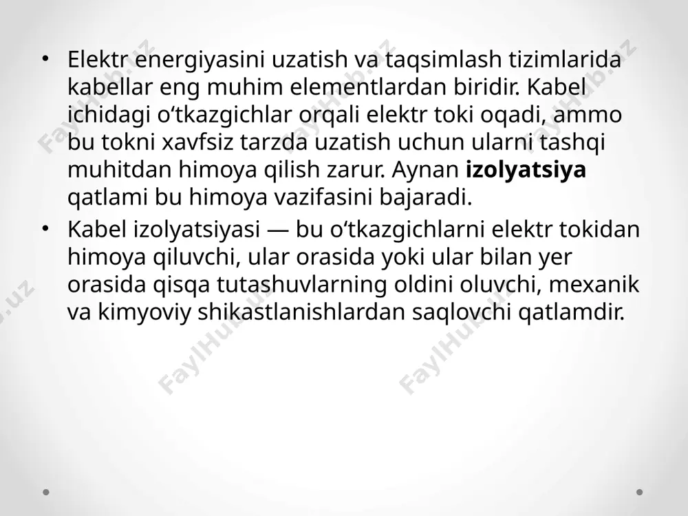 shlatiladi xlpe kabel (cross-linked polyethylene) yuqori haroratga chidamli (110–130°c gacha) elektr kuchlanishga bardoshli, dielektrik xossalari yuqori asosan sanoat va yuqori kuchlanishli tarmoqlarda ishlatiladi mexanik va kimyoviy barqarorlik yuqori xulosa: kabel izolyatsiyasi elektr tarmoqlari xavfsizligi va ishonchliligining eng muhim qismlaridan biridir. har bir muhit va ish sharoiti uchun to‘g‘ri izolyatsiya materialini tanlash — faqat texnik talab emas, balki iqtisodiy jihatdan ham to‘g‘ri qaror hisoblanadi. fto‘g‘ri tanlangan izolyatsiya: elektr xavfsizligini ta'minlaydi; uzoq xizmat muddatini kafolatlaydi; yong‘in va avariya xavflarini kamaytiradi; atrof-muhitga moslashgan holda ishlay oladi; va eng asosiysi — foydalanuvchi uchun qulaylik va ishonch beradi. foydalanilgan adabiyotlar: toirov a.t. – elektr texnikasi asoslari, toshkent, 2018 qurbonov o.a. – kuchlanish ostida ishlaydigan elektr uskunalar, toshkent, 2020 m.x. axmedov, r.t. qodirov – elektr tarmoqlari va ularni loyihalash, toshkent, 2017 p.p. bezrukov – kabelnye linii: konstruksiya, montaj, ekspluatatsiya, moskva, 2015 iec 60502-1 – power cables with extruded insulation and their accessories for rated voltages from …