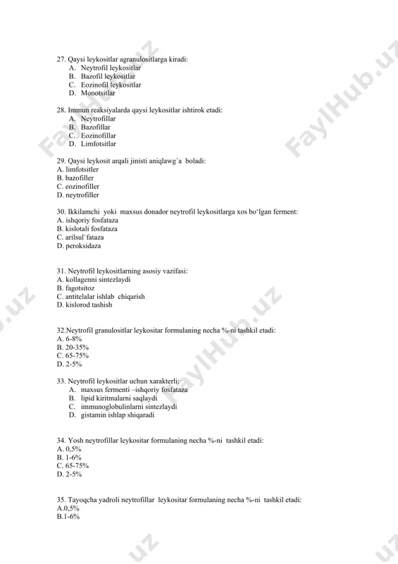 6-8% b.20-35% c.65-75% d.0,5-5% 42. eozinofil granulositlar qanday donachalarni tutadi: 1. azurofilli va maxsus 1. eozinofilli va azurofilli 1. metaxromatik donachalar 1. eozinofilli va metaxromatik 43. eozinofillarning qaysi donachalari parazirlarga qarshi kurashda ishtirok etadi: 1. lizotsim 1. ishqoriy fosfataza 1. gistaminaza 1. bosh asosiy oqsil 44. eozinofil leykositlarning asosiy vazifasi: a. gistaminlarning faolligini oshirish b.qattiq moddalarni va mikroorganizmlarni fagotsitoz qilish c.antigen- antitela kompleksini fagotsitoz qilish d.allergik va anafilaktik reaksiyalarda qatnashish 45.eozinofil leykositlar uchun xos bo‘lgan belgini toping: 1. maxsus gistaminaza donachasini tutadi 1. umumiy leykositlarning 35-40%-ni tashkil qiladi 1. maxsus donachalari gistamin tutadi 1. bazofil donachalar tutadi 46. qaysi leykositlarning maxsus donachalarida kristalloid tuzilmalar mavjud: 1. neytrofillarda 1. bazofillarda 1. neytrofil va bazofillarda 1. eozinofillerda 47.gistaminning faolligini pasaytiruvchi leykositni ko`rsating: 1. neytrofil 1. bazofil 1. limfotsit 1. eozinofil 48.parazitar kasalliklarda qonda qaysi leykositlarning soni ko`payadi: 1. neytrofillar 1. bazofillar 1. limfotsitlar 1. eozinofillar 49. yetuk eozinofillarning yadrosi : a. ikki …