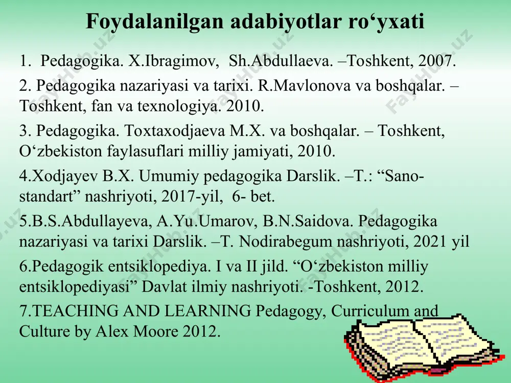 ’zlashtirishga erishish vizual-ma’ruza vizual-materiallarni taqdim etish orqali talabalar tomonidan materialni o’zlashtirishga erishish konspektli-ma’ruza talabalar tomonidan o’quv materialini o’zlashtirishga erishish maqsadida tushuntirish bilan birga eng asosiy qismlarini yozdirib borish maslahatli-ma’ruza savol va javoblar tarzida ma’ruza mashg’ulotini tashkil etish binar-ma’ruza muammo yuzasidan tadqiqot olib borgan mutaxassis-olim bilan birgalikda ma’ruzani tashkil etish seminar va uning o’ziga xosliklari seminar – bu o’qituvchini ta’lim oluvchilar bilan faol muloqotga kirishishiga yo’naltirilgan, nazariy bilimlarni amaliy faoliyatda amalga oshirish uchun zaruriy shart-sharoitni ta’minlovchi ta’limni tashkil etish shaklidir seminar mashg’ulotiga tayyorgarlik ko’rish va o’tkazish: nima uchun?– seminarni tashkil etishdan ko’zlangan maqsad. 2. qanday tarzda?– seminarni olib borish texnologiyasini ishlab chiqish. 3. nimani muhokama qilish?– seminarni olib borish vaqtida muhokama qilinadigan materiallar mazmuni. 4. qanday omillarni hisobga olish zarur? – seminarni tashkil etish jarayonida ma’lum omillarni hisobga olish darsning turlari va tuzilishi darsning quyidagi turlari mavjud: 1.aralash (kombinatsion dars). 2.yangi bilimlarni bayon qilish darsi. 3.o’rganilganlarini takrorlash va mustahkamlash darsi. 4.o’quvchilarning …