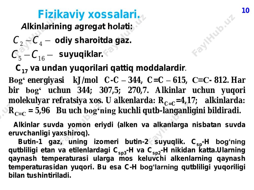 inoan reaksiyaga kirishadi. (trans birikish sodir bo‘ladi) ch3 c c h b- + h + - x b- c c cl hh3c h h c c h c c b+ b+ c c h c c cl h h h hh cl + hcl + cucl cucl p-kompleks cu h h+ cl- + cucl mexanizm. reaksiya bir valentli mis tuzlari ishtirokida tezlashadi. ii. nukleofil birikish reaksiyalari. atsetilen va uning gomologlari suv, spirt, karbon kislota anioni va boshqa kislotalar kabi nukleofil reagentlarni mis (i) va hg (ii) tuzlari ishtirokida biriktirib olishi mumkin. 1. suvning birikishi (m.g.kucherov 1881y). hc ch + hoh hg +2 h2c ch oh enol ch3 c o h c ch + hoh hg +2 c ch2 enol h3c h3c c ch3h3c oh o eltekov erlenmeer qoidasi – sp2 – gibridlangan uglerod atomi bir vaqtning o„zida ham qo„sh bog„ bilan ham oh-guruhi bilan bog„langan bo„lsa, bu holat o„ta beqaror …