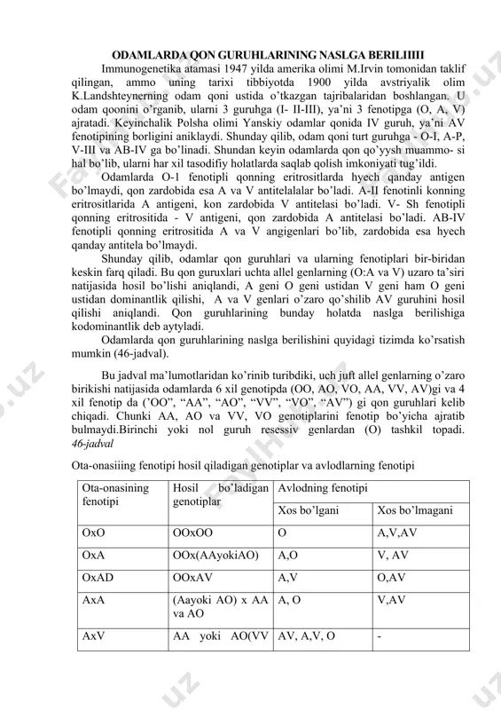 tigenga kiradi. antigen moddalar eritrosit kobig’ida va uning to’rida buladi. antigen shartli ravishda login alfavitidagi harflar bilan belgilanadi, misol a, v. ka, kv va h.k. antiyela ham shu harflar bilan belgilanali va unga “anti” so’zi qo’shiladi, misol anti a, anti v, anti ka va h.k. antitela o’ziga xos bo’lgan antigenlarga qarshi javob reaksiyasini beradi. masalan, anti-a zardobi a antigeniga, anti n zardobi esa n antigeniga qarshi javob beradi. odamlarda va hayvonlarda kon guruhlari kodominantlik asosida ham naslga beriladi. odamlarda qon guruhlarining naslga beriliiiii immunogenetika atamasi 1947 yilda amerika olimi m.irvin tomonidan taklif qilingan, ammo uning tarixi tibbiyotda 1900 yilda avstriyalik olim k.landshteynerning odam qoni ustida o’tkazgan tajribalaridan boshlangan. u odam qoonini o’rganib, ularni 3 guruhga (i- ii-iii), ya’ni 3 fenotipga (o, a, v) ajratadi. keyinchalik polsha olimi yanskiy odamlar qonida iv guruh, ya’ni av fenotipining borligini aniklaydi. shunday qilib, odam qoni turt guruhga - o-i, a-p, v-iii va ab-iv ga …