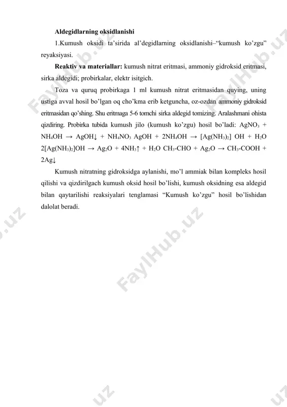 )2] oh + h2o 2[ag(nh3)2]oh → ag2o + 4nh3↑ + h2o ch3-cho + ag2o → ch3-cooh + 2ag↓ kumush nitrаtning gidrоksidgа аylаnishi, mo’l аmmiаk bilаn kоmplеks hоsil qilishi vа qizdirilgаch kumush оksid hоsil bo’lishi, kumush оksidning esа aldеgid bilаn qаytаrilishi rеаksiyalаri tеnglаmаsi “kumush ko’zgu” hоsil bo’lishidаn dаlоlаt bеrаdi. to`yingan monokarbon kislotalarning xossalari molekulasida uglevodorod radikali bilan bog`langan bitta yoki bir nechta karboksil guruh - cooh saqlovchi organik moddalarga karbon kislotalar deyiladi. karbon kislotalar karboksil guruhlarining soniga ko’ra bir asosli, ikki asosli va ko’p asosli bo’ladi. masalan: sirka kislota ch3cooh va moy kislota c3h7cooh bir asosli, oksalat kislota hooc—cooh va malon kislota cooh- ch2 - cooh ikki asosli kislotalardir. radikalning tuzilishiga ko’ra karbon kislotalar to’yingan, to’yinmagan, alisiklik, aromatik va geterosiklik kislotalarga bo’linadi. nomenklaturasi. to’yingan bir asosli yog`’ kislotalarining nomlari sistematik nomenklaturaga asosan tegishli uglevodorod nomiga “kislota” so’zi qo’shib hosil qilinadi: to’yingan karbon kislotalarda radikalning joylashishini ko’rsatish uchun karboksil guruhning uglerodidan raqamlash …