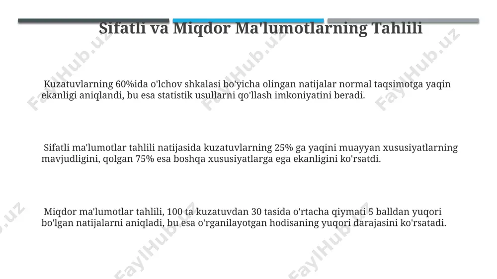 maliy tavsiyalar olishlarini ta'kidlaydilar. kuzatuv kundaligi ma'lumotlarini tahlil qilish, o'quv jarayonini 25% ga samaradorligini oshirishga qaratilgan 3 ta yangi pedagogik uslubni ishlab chiqishga imkon beradi. kelajakdagi tadqiqotlar uchun tavsiyalar kelajakdagi tadqiqotlarda kuzatuv davriyligi 2-3 baravar oshirilishi va kamida 50 ta ishtirokchini o'z ichiga olishi tavsiya etiladi, bu natijalar ishonchliligini oshiradi. tadqiqotning geografik chegaralarini kengaytirish va turli ijtimoiy-demografik guruhlarni qamrab olish orqali, namuna hajmini 100-150 kishiga yetkazib, umumlashtiruvchanlikni yaxshilash mumkin. kuzatuv ma'lumotlarini tahlil qilishda yanada murakkab statistik usullar, masalan, ko'p darajali modellashtirish yoki neyro tarmoqlarni qo'llash foydali bo'lishi mumkin. kuzatuv kundaligi ma'lumotlarining ishonchliligi kuzatuv kundaligi ma'lumotlarining ishonchliligi kuzatuvchining tajribasi va ob'ektivligiga bog'liq bo'lib, 70% dan ortiq aniqlikka erishish uchun kamida 3 marta takrorlanishi tavsiya etiladi. mavzuga oid adabiyotlar va ilmiy usullar bilan solishtirish orqali kuzatuv kundaligi ma'lumotlarining validligi va ishonchliligini 95% ishonch darajasida tekshirish mumkin. kuzatuvlar soni va ularning vaqt oralig'i ma'lumotlarning ishonchliligini baholashda muhim ahamiyatga ega, masalan, 10 ta kuzatuv …