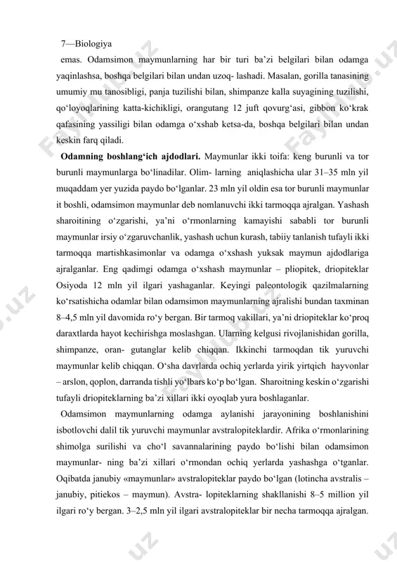 odam» deb atalgan. uning bosh miyasining hajmi 650–680 sm3 bo‘lgan. u avstralopitek miyasidan 150 sm3 ortiq. bo‘yi ularga qaraganda birmuncha baland 135–150 sm dir. homo habilis olovdan foydalanishni bilgan hamda yirik toshlardan o‘zlari uchun kulba yasaganlar (81-rasm). odamning tarixiy taraqqiyoti asosan uch bosqichdan: eng qadimgi odamlar, qadimgi odamlar va hozirgi zamon qiyo fasidagi odamlardan iborat. eng qadimgi odamlar — arxantroplar. 1891-yilda gollan diya olimi dyubua yava orolidan maymun odam pitekantrop- ning suyak qoldiqlarini topgan. u oldinga biroz egilib ikki 80-rasm. avstralopitek. 81-rasm. homo habilis oyoqda yurgan. bo‘yi 170 sm ga yaqin, miyasining hajmi 900–1100 sm3, peshonasi juda qiya, jag‘i oldinga bo‘rtib chiqqan. u taxminan 1,5–1,9 mln yil oldin yashagan. pitekantroplar toshdan, suyakdan qurollar yasagan, olovdan foydalanishni bilganlar va ibtidoiy jamoa bo‘lib yashaganlar, lekin muqim turarjoyi bo‘lmagan. pitekantropdan ancha keyin yashagan sinantrop – xitoy odamining suyak qoldiqlari 1927–1937-yillarda pekin atrofidagi g‘ordan topilgan. u 500–300 ming yil oldin yashagan. sinantrop tashqi ko‘ri- …