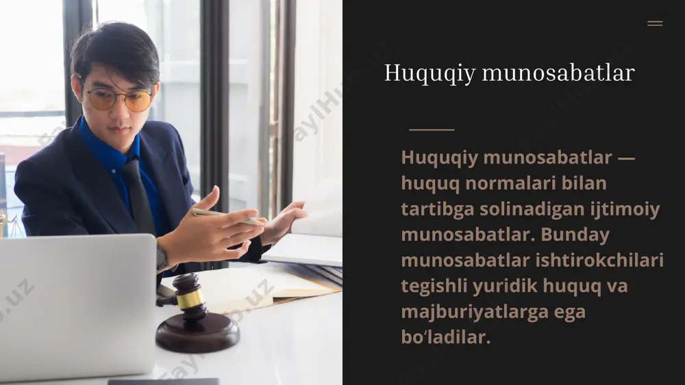 arakatni amalga oshirishlari yoki muayyan harakatni sodir etishdan oʻzlarini tiyishlaridir. yuridik majburiyatni bajarmaslik yuridik javobgarlikka olib keladi. subyektiv huquq va yuridik majburiyat oʻzaro bogʻliqdir. huquq majburiyatsiz mavjud boʻlmaydi. aytaylik, ish vaqtidan tashqari ishlaganlik tufayli oshirilgan haq toʻlash — maʼmuriyat uchun majburiyat, xodim uchun — huquqdir. aldenaire & partners contact about us service home huquqiy munosabatlar huquq tarmoqlariga koʻra konstitutsiyaviy, maʼmuriy, fuqarolik-huquqiy, jinoiy-huquqiy, mehnat, oilaviy va boshqa turlarga boʻlinadi. oʻzining vazifasi, mazmuniga koʻra, umumiy tartibga soluvchi (regulyativ) va qoʻriqlovchi (negativ) huquqiy munosabatlarga ajratiladi. aldenaire & partners contact about us service home huquqiy munosabatlar umumiy va konkret, mutlaq va nisbiy turlarga ham boʻlinadi. umumiy huquqiy munosabatlar deganda, avvalo, fuqarolarning asosiy huquq, erkinlik va majburiyatlarini mustahkamlovchi konstitutsiyaviy normalar asosida vujudga keluvchi munosabatlar tushuniladi. fuqarolar qonunda nazarda tutilgan vakolatlarga ega boʻlgach, barcha huquq subʼyektlari bilan huquqiy aloqadorlikka hisoblanadilar. mazkur huquq va erkinliklar amalga oshirilsa aniq huquqiy munosabatlar vujudga keladi. mutlaq huquqiy munosabatlarda bir taraf …