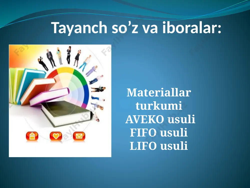 li bilan erishiladi. ishlab chiqarish jarayonida turli material qiymatliklaridan foydalaniladi. ularni xo’jalik yurituvchi subyektlarda materiallardan foydalanish usuli va ishlab chiqarish jarayonida foydalanishiga qarab turkumlarga ajratish mumkin materiallar-bu korxona faoliyati uchun zarur bo’lgan va mahsulot asosini tashkil qiladigan xo’jalikmablag’laridir. ularning asosiy xususiyatlari xo’jalik operatsiyalari natijasida o’zning tashqi ko’rinishini o’zgartirib, qoymatini ishlab chiqarilgan mahsulot tannarxiga o’tkazishidir. № materiallar turkumi materiallar turkumlash tasnifi 1 хom ashyo mahsulotning moddiy asosini tashkil etadigan mehnat predmetlari (metall ishlab chiqarishda ruda, tekstil sanoatida momiq paxta tolasi va x. k.) 2 asosiy materiallar хom ashyoga ta’sir etish uchun foydalaniladigan va mahsulot iste’moli xususiyatini berishda ishlatiladigan buyumlardir (mashinasozlikda qora metallar, yog’ochsozlik sanoatida yog’och) 3 sotib olingan yarim tayyor mahsulotlar ma’lum darada ishlab chiqarish jararayonidan o’tgan, biroq pirovard mahsulot darajasiga yetkazilmagan mahsulotlar (stanoksozlikda motorlar, avtomobilsozlikda shinalar) 4 yordamchi materiallar yaratilgan mahsulotni yaratishda mehnat vositalari va ularning tashqi ko’rinishi yaxshilash uchun sarflanadi (moylash materiallari bo’yoq, lak, artish materiallari va x. k.) …