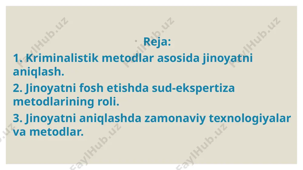rga asoslanishi uchun ekspertiza kerak bo‘ladi. b) faktlarni aniqlash masalan: jinoyat qanday sodir bo‘lgan? qurbonning tanasidagi jarohat qanday vosita bilan yetkazilgan? ayblanuvchi ruhiy jihatdan sog‘lommi? c) aybdor yoki aybsizligini isbotlash ba’zan ekspert xulosasi bilan ayblov rad etilishi yoki aksincha, to‘liq tasdiqlanishi mumkin. asosiy sud-ekspertiza turlari va ularning roli. ekspertizaning jinoyatni fosh etishdagi misollar orqali roli misol 1: sud-tibbiy ekspertiza qurbon tanasidagi jarohatlar o‘tkir tig‘li asbob bilan yetkazilgan. bu orqali jinoyatda foydalanilgan qurol turi aniqlanadi. misol 2: biologik ekspertiza jinoyat joyida topilgan soch namunasi dnk analizida ayblanuvchining profilinga mos keladi — bu isbotdir. misol 3: ballistik ekspertiza o‘q tanadagi zarba yo‘nalishi orqali otish masofasi, burchagi, qurol turi aniqlanadi. misol 4: psixologik-psixiatrik ekspertiza ayblanuvchi o‘z harakatlarini tushunmagan deb topiladi – bu uni jazodan ozod qilish ehtimolini oshiradi sud-ekspertizaning protsessual roli ekspert xulosasi — bu dalil bo‘lib, u jinoyat ishining isbotlash qismiga kiradi. prokuror, tergovchi va sud bu xulosani baholaydi va qaror qabul …