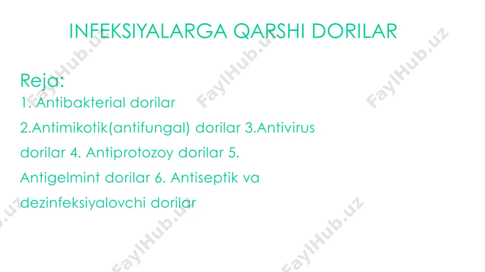 vakillari: 5. izoksazolilpenitsillinlar – flukloksatsillin – mezlotsillin farmakokinetikasi • • • • • – fenoksipenitsillinlar – izoksazolilpenitsillinlar – aminopenitsillinlar – atsilaminopenitsillinlar oral holatdaqabulqilishmumkin bo’lgan penitsillinlar: buyraklar orqali chiqariladi gematoensefalik baryerdan o’ta olmaydi hujayra membranasidan o’tishga ancha qiynaladi shu sababhujayraichidagibakteriyalargata’sir qilmaydi kislotaga chidamli nojo’ya ta’sirlar ta’sir qiluvchi bakteriyalari • • • • • • • • • grammusbat tayoqchalar grammanfiy aerob va anaerob bakteriyalar e –coli helicobakterpylori allergik reaksiya (anafilaktik shok) neyrotoksiklik (yuqori dozada aminopenitsillin venaga yuborilganda) diareya (deyarli barchasida) gepatotoksik (izoksazolilpenitsillin) grammusbatkokklar(streptakokk, stafilokokk, pnevmokokk) grammanfiykokklar(gonokokk, meningokokk) • o’zaro ta’sirlar 1. probenetsid, metotreksat+ penitsillinlar • • • • teri toshmasiortadi oral penitsillinlarniinaktivholatgaolibkeladi penitsillinlarni buyrakdan chiqarilishini ingibirlaydi penitsillinlarning ta’sir davomiyligini uzaytiradi 3. allopurinol + aminopenitsillinlar 2. atsetilsistein(ass) + oral penitsillinlar sefalosporinlar tasnifi 1. 1-avlod preparatlari a) parenetral 2. 2-avlod preparatlari a) parenteral – – – – sefazolin sefeklor sefadroksil sefaleksin sefuroksim sefuroksimaksitel b) oral b) oral 3. 3-avlod preparatlari a) parenteral b) …