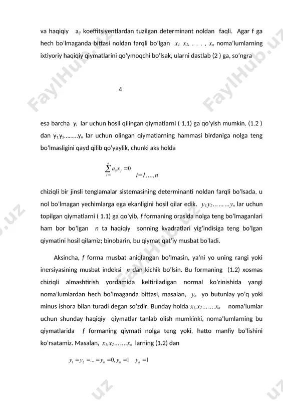 y sohasining 5 o’lchovli yoqlari haqida fikr yuritiladi. umuman olganda bitiruv malakaviy ishida qayd etilgan natijalarni olishda algebra ,geometrik sonlar nazariyasi , mukammal formalar haqidagi voronoy algoritmli, mukammalashtirilgan voronoy algoritmidan keng foydalanildi. bitiruv malakaviy ishida qayd etilgan natijalar nazariy ahamiyatga ega bo’lib, bu natijalardan 3-o’zgaruvchili mukammal formalarni voronoy atrofida topishda hamda 3-o’zgaruvchili ekvivalent bo’lmagan mukammal formalarni topishda ham foydalanish mumkin. bitiruv malakaviy ishida quyidagi natijalar qayd etiladi: 1. mukammal forma voronoy sohasi aniqlandi. 2. mukammal forma voronoy sohasining 5-o’lchovli yoqlari toldi. 3 1.1. musbat aniqlangan kvadratik formalar. agar n ta noma’lumning haqiqiy koeffitsiyentli kvadratik formasi n ta musbat kvadratdan iborat normal ko’rinishga keltirilsa, ya’ni bu formaning rangi ham inersiyasining musbat indeksi ham noma’lumlar soniga teng bo’lsa, bu forma musbat aniqlangan deyiladi. quyida keltiriladigan teorema musbat aniqlangan formalarni, ularni normal yoki kanonik ko’rinishga keltirib o’tirmasdan, tavsiflashga imkon beradi. n ta x1,x2…….xn nona’lumning haqiqiy koeffitsiyent f kvadratik formasi hech bo’lmaganda bittasi noldan …