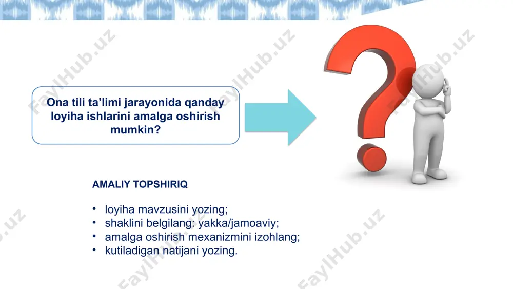 a’limida qanday mavzularda loyiha tayyorlash mumkin? loyihani tashkil qilish bosqichlari qanday? quyidagi savollardan qaysilariga javob oldingiz? 8-sinflar uchun mo‘ljallangan “maktabimiz gazetasi” va “tabiat eko-jurnali” loyihalarini baholash mezoni mezonlar ball (100) loyiha ishini belgilangan maqsad asosida to‘g‘ri bajarilgani, topshiriq shartiga mos kelishi 1–10 ball loyiha ishi mahsuloti (gazeta/jurnal)ning mazmunan boyligi, janrlar (maqola, reportaj, intervyu, hikoya va b.) xilma-xilligi; 1–20 ball tadqiqotchilik ko‘nikmasining shakllangani: turli manba va axborotlar bilan ishlangani, ularning saralangani 1–10 ball gazeta/jurnalda o‘quvchilarning o‘zi tomonidan yozilgan matn, maqolalarning nisbati; yozilgan matnlarning mazmundorligi, grammatik va struktura jihatidan to‘g‘ri shakllantirilgani 1–15 ball loyiha ishini bajarishga kreativlik bilan yondashilgani 1–15 ball loyiha ishining dizayni, bezatish ishlari ustida ishlangani; rasm, illyustratsiyalardan unumli foydalangani; 1–5 ball loyiha ishining taqdimotida vaqt reglamentiga amal qilgan holda ishning asosiy jihatlarini ochib bera olingani; taqdimot jarayonida og‘zaki nutqning ravon va ifodaliligi, til vositalaridan o‘rinli foydalanilgani 1–10 ball jamoada ishning to‘g‘ri tashkil etilgani, vazifalarning taqsimlangani; hamkorlikda ishlashning yo‘lga qo‘yilgani …