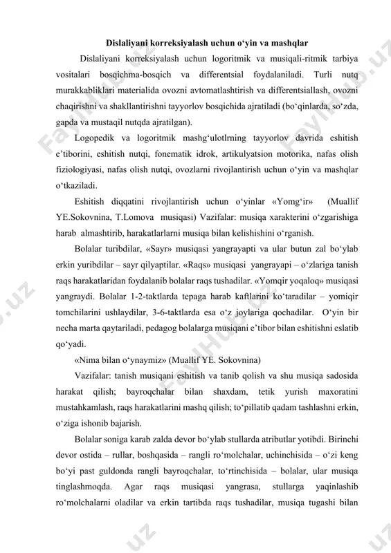 olchalar, uchinchisida – o‘zi keng bo‘yi past guldonda rangli bayroqchalar, to‘rtinchisida – bolalar, ular musiqa tinglashmoqda. agar raqs musiqasi yangrasa, stullarga yaqinlashib ro‘molchalarni oladilar va erkin tartibda raqs tushadilar, musiqa tugashi bilan ro‘molchalarni joyiga qo‘yadilar. agar marsh ijro etilsa, bayroqchalarni olib, ularni ko‘tarib, bir-birini orqasidan marsh qilib yuradilar. agar «avtomobil» musiqasi ijro etilsa, rullarni olib bir-birini orqasidan to‘pillatib qadam tashlab harakat qiladilar. nutqiy eshitishni rivojlantiruvchi o‘yinlar “tingla va bajar” (t.lomova musiqasi.) qiz bolalarga qo‘qirchoq, o‘qil bolalarga musiqa asboblari: do‘mbira, shiqildoq, balalaykalar beriladi. “sayr” musiqasi yangraydi. qiz bolalar osoyishta qadam bilan sayilgoxga boradilar, keyin esa oldindan ko‘rsatilgan joylarga o‘tiradilar (xona devorining yoniga). “alla” kuyi yangramoqda – qiz bolalar pedagog bilan alla bolamni aytib qo‘qirchoqni tebratadilar: sh ye ’ r m a t n i “musiqachilar” kuyi yangramoqda, bolalar tetik qadam bilan chirmandalar chalib va shiqildoqlarni jaranglatib kelishadi. musiqa tugaydi, o‘gil bolalr o‘z joylariga o‘tiradilar. qizlardan biri yugurib kelib ulardan qo‘qirchoqlar uchun …