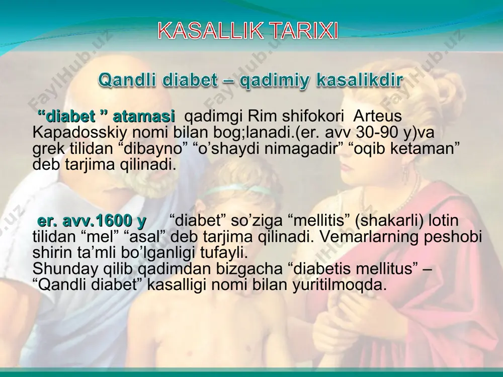 a –umurbod insulinga moyillik nostabil davr- prepubertat stabil davr-jinsiy etilgandan keyin kuzatiladi. qandli diabetning klassifikasiyasi (bjsst 1999 yil) qandli diabet 1 tip - me’da osti bezi b-hujayralari destruksiyasi bo’lib, absolyut insulin yetishmasligiga olib keladi. (30 yoshgacha kasallanadi, o’tkir boshlanadi, ketoasidozga moyillik yuqori, tana vazni kamayadi) а. immun vositali (beta –hujayralarga va insulinga autoantitelolar paydo bo’lishi) в. idiopatik qandli diabet 2 tip- qisman insulin yetishmasligi va insulin rezistentligi birlashishi natijasida, turli nisbatlarda uchraydi(ko’pincha 40 yoshdan kattalar kasallanadi, kechishi asta sekin, o’rtacha klinik sipmtomatika, tana vazni yuqorilarda, 80%-semizlar, ko’pincha ayollar kasallanadi) gestasion qandli diabet (homiladorlar diabeti) diabetning boshqa o’ziga xos tiplari . beta hujayraning genetik defekti (mody –tip qandli diabet) insulin ta’sirining genetic defekti.(ifodalangan insulinga rezistentlik, 7,13,20 xromasomalarning defekti bilan bog’liq) me’da osti beziming ekzokrin qismi kasalliklari.(pankretit, jarohat, pankreatoektomiya, kistali fibroz) endakrinopatiyalar (isenko-kushing sindromi, akromegaliya, feoxromasitoma, gepertipeoz va b.q) kimyoviy vositalar va dori moddalar ta’sirida yuzaga keladigan qandli diabet( glyukokortikoidlar, nikotin kislota …