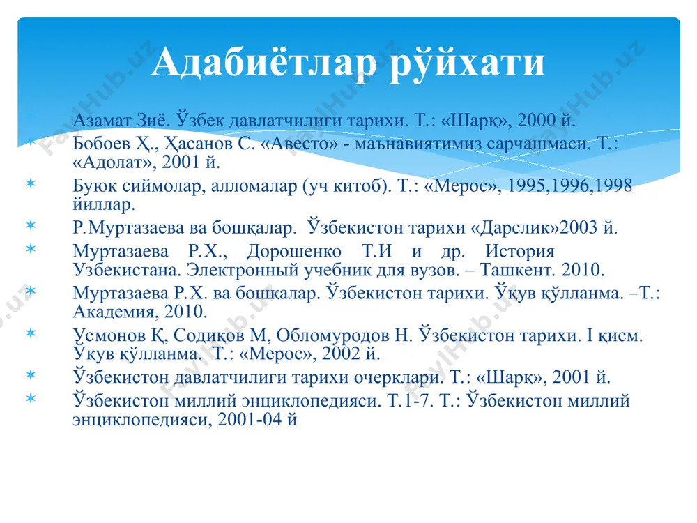 orada eftaliylar bilan to’qnashishi va shimoliy hindistonga chekinishi - 75 y. hukmronlik qilishi v a. 50-y.- eftaliylar davlatining kuchayishi 456 -xitoyga elchi yuborilishi 457- vaxshunvarning chag’oniyon, toha-riston, badaxshonni bosib olishi 459-484 -eron bilan 3 marotaba to’qnashishi 563-567 - turk xoqonligidan zarbaga uchrashi va barbod bo’lishi turk xoqonligi 551-603 markazi - oltoy hududi -yettisuv, sharqiy turkiston, sirdaryo va orol dengizi bo’ylari. sharqiy turk xoqonligi 603 yili mo’g’ulistonda tashkil topishi hukmdori-arslon to’baning kichik o’g’li ishbara g’arbiy turk xoqonligi 603 yili o’rta osiyo, jung’ariya va sharqiy turkistonning bir qismi hukmdori- istamining og’li qoracho`rin siyosiy tarixi 551 -buminning xoqon deb e’lon qilinishi 554 - muqan xoqonning uzoq sharq,tinch okean qirg’oqlarini bosib olishi 555 - istamining yettisuv, sharqiy turkiston, sirdaryo va orol dengizi bo’ylari yerlarini bosib olishi 558- ural va volga bo’ylari, shimoliy kavkaz yerlarining bosib olinishi 563- choch, samarqand, kesh, naxshabning egallanishi 576-581 - arslon to’baning hukmronligi 585-586 - obro’y boshchiligidagi xalq harakati 603 …