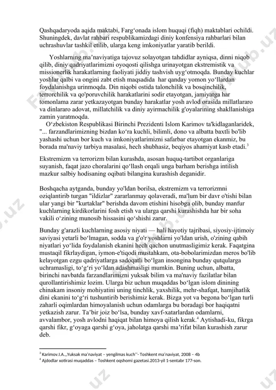 har bir bosqinida 6, 4 ta odam o'limiga sabab boʻldi. iroq hududida sodir boʻlgan terrorchilik harakatlari oqibatida halok boʻlganlarning 62% ishid ga to'g'ri keldi. bu guruh zarar keltirgan davlatlar soni 28 taga yetdi. xo'sh, ekstremizm va terrorizmga qarshi qanday kurashish mumkin? vatanimiz oʻzbekiston ham ekstremizm va terrorizm tahdidlari va zararlarini boshidan kechirgan mamlakat hisoblanadi. yurtimizga ushbu illatlarga qarshi kurashish, uning sabablarini oldini olish boʻyicha jahon hamjamiyatiga namuna boʻla oladigan darajada oʻziga xos tajriba shakllangan. oʻzbekiston respublikasi konstitutsiyasining 51-moddasida konstitutsiyaviy tuzumni zoʻrlik bilan oʻzgartirishni maqsad qilib qoʻyuvchi, respublikaning suvereniteti, xavfsizligi va yaxlitligiga, fuqarolarining konstitutsiyaviy huquq va erkinliklariga qarshi chiquvchi, urishni, ijtimoiy, milliy, diniy, irqiy adovatni targʻib qiluvchi, xalqning sogʻligi va madaniyatiga tajovuz qiluvchi, shuningdek harbiylashtirilgan birlashmalarning, milliy va diniy ruhdagi siyosiy partiyalarning hamda jamoat birlashmalarining tuzilishi va faoliyati taqiqlanadi deb qonunda belgilangan. prezidentimiz shavkat mirziyoyev aytganidek, "xalqaro terrorizm, ekstremizm, narkotrafik, diniy qarama-qarshik, noqonuniy migratsiya, odam savdosi, ekologik muammolar, ayrim mamlakatlarda iqtisodiy …