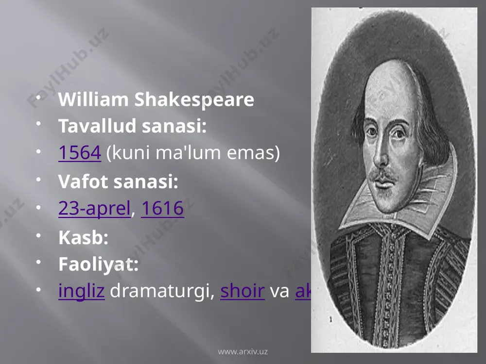 oid hikoyalari asosiy manba bo'lib xizmat qilgan. „romeo va julyetta“, „hamlet“, „qirol lir“ singari tragediyalarga asos bo'lgan syujetlar asosida shekspirga qadar ham sahna asarlari yaratilgan. lekin bu syujetlar shekspirga xos ulkan dramaturgik mahorat tufayli jahonshumul fikr va g'oyalarni ifodalovchi o'lmas asarlarning yuzaga kelishida hayotiy manba vazifasini bajargan. www.arxiv.uz shekspir komediya va tragikomediya janrlarida ham yuksak sanʼat asarlari yaratgan. uning uyg'onish davri romantikasi bilan sug'orilgan, qishloq hayoti manzaralari tasvirlangan, sarguzashtbop voqealarga boy komediyalari markazida har qanday to'siqni yengib o'tuvchi muhabbat mavzui yotadi. shekspir tragedyyalarida bo'lgani singari, komediyalaridagi qahramonlarning nutqi ham o'tkir va chuqur fikrlarga, piching va hazilmutoyibalarga boy. www.arxiv.uz shekspirning o'zbek tomoshabini tomonidan kashf etilishi 1935-yilda — „hamlet“ tragediyasining hamza nomidagi drama teatri (hoz. o'zbek milliy akademik drama teatri)da sahnalashtirilishi bilan boshlangan. shundan keyin o'zbekistondagi o'zbek va rus teatrlarida shekspirning „otello“, „romeo va julyetta“, „yuliy sezar“, „qirol lir“, „koriolan“, „veronalik ikki yigit“, „qiyiq qizning quyilishi“, „yoz tunidagi g'aroyib otlar“ singari asarlari …