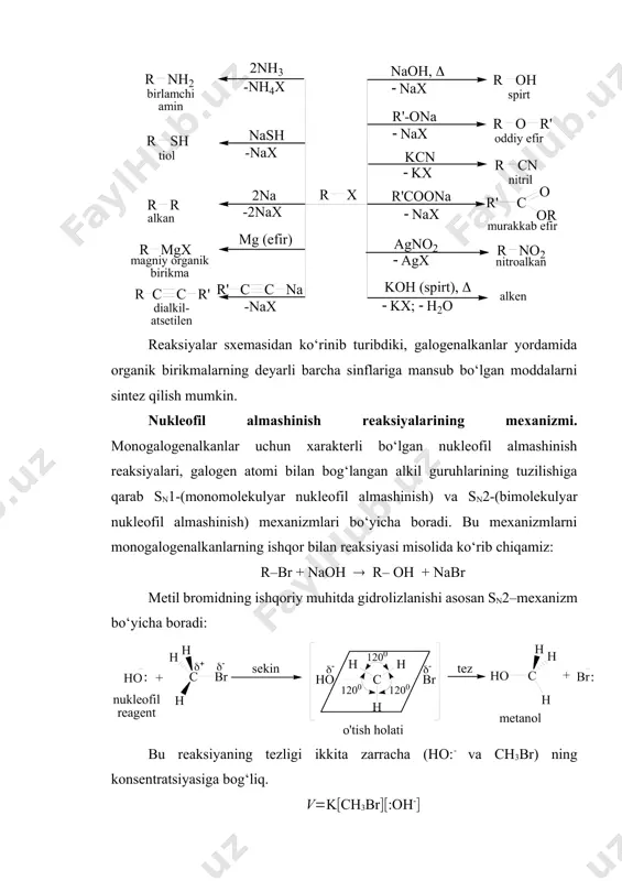 n uglerod atomining atrofida o‘rinbosarlarning fazoviy joylashishi tetraedrik, trigonal, diagonal bo‘ladi. i. c(sp3)-x bog‘li galoidbirikmalar: rch2-x, rchxr, r3cx, rcx3, rchx2, cx4 ii. c(sp2)-x bog‘li galoidbirikmalar: r2cqcrx iii. c(sp)-x bog‘li galoidbirikmalar: r-cºc-x bu birikmalar bir-biridan o‘zlarining fizikaviy va kimyoviy xossalari bilan keskin farq qiladi. birinchi tur c(sp3)-x galoid birikmalari. to‘yingan uglevodorodlarning bitta yoki bir necha vodorodlarining galogenga almashishidan galogenli birikmalar hosil bo‘ladi. ch3br, ch2br2, chbr3, cbr4, ch3ch2i, ch2clch2cl, ccl3ccl3 . galogenli birikmalarda izomerlanish uglevodorod skeletining tuzilishiga va zanjirdagi galogen atomining holatiga bog‘liq. izomerlanish qatorning uchinchi a’zosidan boshlanadi. oddiy galogenli birikmalarni nomlash uchun radikalning nomiga galoidning nomi qo‘shib aytiladi: ch3cl - metil xlorid, ch3ch2cl - etil xlorid, ch3ch2ch2br - propil bromid, ch3(ch3)chbr - izopropil bromid va hokozo. ayrim galogenli birikmalrni tasodifiy nomda nomlash mumkin: chcl3 - xloroform, chbr3 - bromoform, chj3 - yodoform. to‘la galogenlangan uglevodorodlarni nomlash uchun per- qo‘shimchasi qo‘shiladi. c2f6-perftoretan, c3cl8-perxlorpropan, c5f12-perftorpentan. galogenuglevodorodlarni nomlash uchun eng uzun zanjir tanlab olinadi …