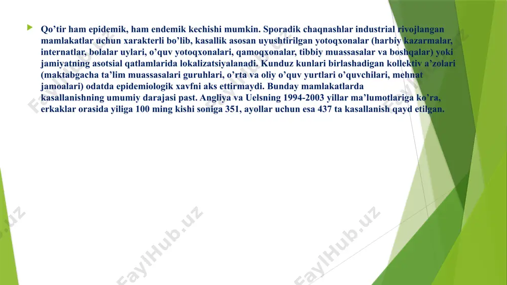 ’llarni shakllantirishni boshlaydi. yana 3-4 kundan so’ng, lichinkalar po’st tashlaydi va protonimfga, ular esa o’z navbatida 2-5 kun ichida teleonimfga aylanadi. teleonimfa 5-6 kun ichida yetuk erkak yoki urg’ochiga aylanadi. shunday qilib yetuk kananing shakllanishi 10-14 kun ichida sodir bo’ladi. kana rivojlanishining har qanday bosqichida yuqumli bo’lishi mumkin, lekin ko’pincha odamdan odamga qo’tir urug’lantirilgan yetuk urg’ochi kanalar bilan yuqadi. kana kunduzi faol emas. urg’ochi yo’lni kechqurun «qazishni» boshlaydi; shu vaqt odatiy shakldagi qo’tiri bo’lgan bemorlarda qichishish kuchayadi. kechasi urg’ochilar teri sirtiga chatishish yoki tananing boshqa qismlariga o’tish uchun chiqadi (iliq terida daqiqasiga 2,5 sm tezlikda harakat qiladi). o’shanda yuqtirib olish uchun eng qulay vaziyat bo’ladi. qo’tirda klinik tasvir kana hayot faoliyati mahsulotlariga xo’jayin organizmining immun-allergik reaktsiyasi tufayli yuzaga keladi, shuning uchun barcha simptomatika bemorni sensibilizatsiyasidan keyin rivojlanadi. bu kasallikning dastlabki belgilari paydo bo’lishidan oldin uzoq asimptomatik davrini (4 haftagacha) tushuntiradi. qayta zararlangan hollarda patogenga reaktsiya 24 soat ichida rivojlanishi mumkin. …