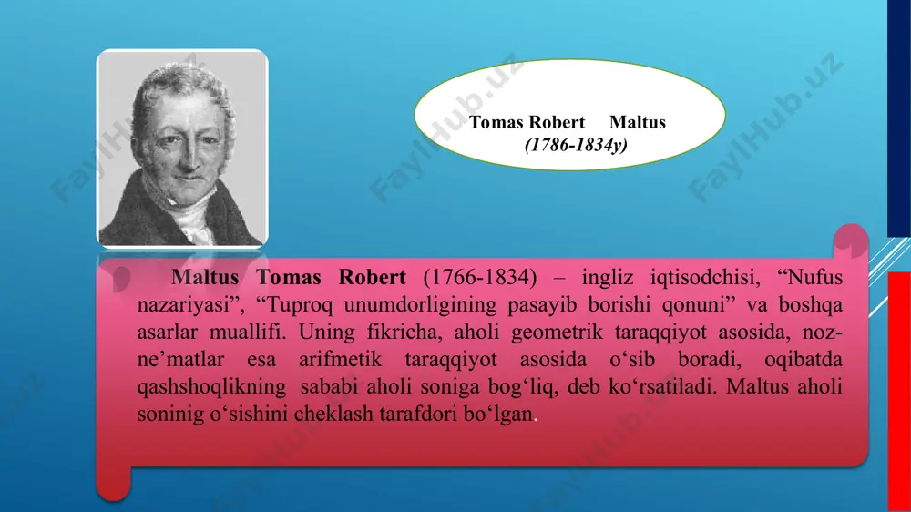 ng aholining o‘sishi 256 marta tirikchilik vositalari 9 marta 300 yildan so‘ng aholining o‘sishi 9096 marta tirikchilik vositalari 13 marta avlodni davom ettirish instinkti aholining o‘sish potensiali aholi o‘sishini cheklovchi omillar oldini olish choralari: tug‘ilishning kamayishi real omillar: o‘limning ortishi axloqiy xususiyatdagi cheklashlar sog‘liq sustligi noo‘rin hayot kambag‘allik tirikchilik vositalarining cheklanganligi aholining o‘sishini cheklovchi omillar mahsulotlar realizatsiyasi nazariyasi. tomas maltus iqtisodiy fanda jamg‘arish va iqtisodiy o’sish muammosini ikkinchi o’rinda qoldirgan holda, mahsulotlar realizatsiyasi tahlilini birinchi o’ringa qo’yadi. mahsulotlar realizatsiyasi nazariyasining mohiyati: tovar qiymati xaridor uchun ishlab chiqarish xarajatlari bilan aniqlanadi, ya’ni mehnat va kapital sarflari avanslangan kapitalga olingan foyda bilan aniqlanadi; bu qiymatlarning realizatsiyasi xaridorlarning zarur yalpi talabi orqali ta’minlanishi mumkin; realizatsiya jarayoni ortiqcha ishlab chiqarish krizislari tufayli uzilishi mumkin, chunki ishchilar va tadbirkorlar ba’zan iste’mol tovarlariga ham, ishlab chiqarish uchun mo‘ljallangan tovarlarga ham zarur talabni keltirib chiqara olmaydi; realizatsiya muammosini yechish va krizislarni bartaraf etishga mulkdor ham, ishchi ham …