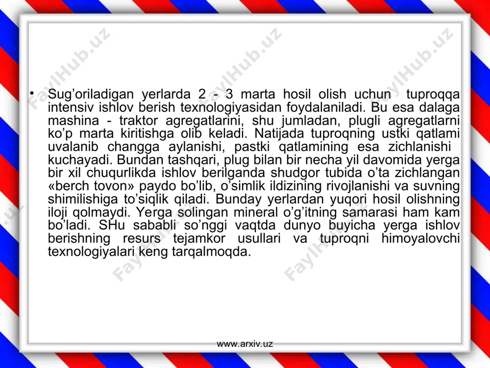 hchi yoni av harakat yunalishi v ga burchagi ostida o’rnatilsa, a qalinlikdagi tuproq palaxsasi uning ustiga siljib chiqayotib, bukiladi. palaxsaning pastki qatlami cho’zilib tez yoriladi, maydalanadi, chunki tuproq siqilishga nisbatan cho’zilishga kam bardoshlidir. demak, ponasimon ishchi qism bilan tuproqni maydalashga kamroq quvvat sarflanadi, ish arzonroq bajariladi. ammo tuproq yassi ponaga ko’tarilayotganida olgan birlamchi deformatsiyasiga keyinchalik qo’shimcha ta’sir ko’rsatilmaydi. amalda, palaxsaning pona bo’ylab ko’tarila boshlaganidagi maydalanishidan tashqari, yuqoriga siljib harakatlanishi talab qilinadi. buni tushunish uchun 5- rasmdagi tezlik v yunalishida siljib ketayotgan burchakli pona ustidagi m tuproq zarrachasiga ta’sir etayotgan normal bosim n ni ponaning ishchi yoni av va harakat yunalishi v bo’ylab bo’laklarga ajratib, nv va nt kuchlarini topamiz. www.arxiv.uz www.arxiv.uz m zarrachasiga normal n bosimidan tashqari ishqalanish kuchi f ham ta’sir etadi. n va f kuchlarining yig’indisi r kuchi normal yunalishdan ishqalanish burchagi ga og’ishgan bo’ladi. burchagining miqdoriga qarab tuproqning pona yoni bo’ylab yuqoriga siljishi (plug korpusi lemexida, kulьtivatorning …