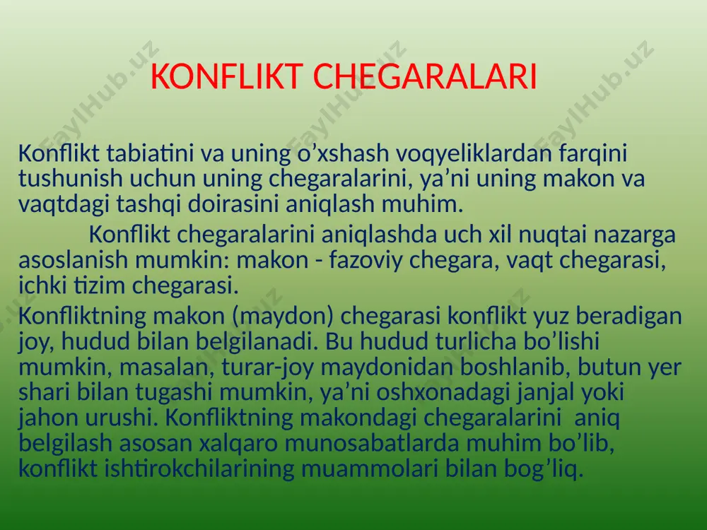 kat qiladi; bu yerda harakat deganda ham jismoniy harakat, ham axborot berish (og’zaki nutq, matbuot, televideniye va b.) tushuniladi; 2. ikkinchi ishtirokchi (raqib) ushbu harakatlar uning manfaatlariga qarshi qaratilganligini tushunib yetishi kerak; 3. yuqoridagi holatlardan kelib chiqib, ikkinchi ishtirokchi birinchi ishtirokchiga qarshi qaratilgan va unga javoban faol harakat-choralarni ko’radi. shu daqiqadan boshlab konflikt boshlangan deb hisoblanadi. agar faqat birgina ishtirokchi harakat qilsa (bir tomonlama) yoki harakatlarini fikran rejalashtirsa (harakatlarini oldindan o’ylab reja tuzsa, raqib harakatlarini tasavvur etsa, bo’lajak konfliktni qanday kechishini bashorat qilsa) - bu hollarda konflikt bo’lmaydi. biroq bo’lg’usi harakatlarni oldindan rejalashtirish konflikt uchun poydevor bo’lib hisoblanishi mumkin, ba’zi olimlar buni konflikt rivojlanishining latent (yashirin) bosqichi deb ataydilar. bunday bosqichni ajratib ko’rsatish xalqaro ahamiyatdagi katta konfliktlarni tahlil qilish uchun muhimdir. sobiq ittifoqqa hujumni ko’zda tutgan «barbaross plani» ni gitler 1940 yilda tasdiqlaganda sobiq ittifoq bilan germaniya o’rtasidagi harbiy konflikt hali boshlanmagan edi, bu konfliktning latent bosqichi bo’lib, ochiq konfliktning …