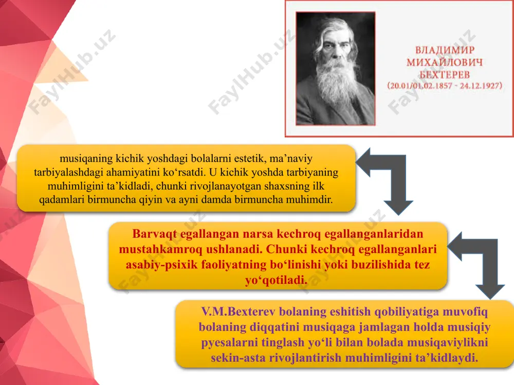 ni ham tarbiyalash zarur. sо‘ng patsiyentlar musiqaning dinamik ohangi va muvofiq atamalarni о‘zlashtiradilar: forte – baland, kuchli; mezzo-forte – о‘rtacha balandlik; piano – sekin, zaif; fortissimo – о‘ta baland va h.k. musiqiy asarning ritmik rasmi turli hajm va turli davomlilikda harakatlarni bajarishga yordam beradi. u chapak, qadam, yugurish, gavdaning aylanishi, quloch otish va boshqa harakatlar bilan beriladi. о‘zlashtirish doirasida musiqaning ritmik rasmi gimnastik, raqs va nihoyat erkin harakatlarda bajarilardi. harakat ritmika bilan faqat asosiy xislatlarda mostushuvchi shaxsiy ritmik rasmni belgilarkan musiqaning mayda ritmik rasmi harakatga aylanganda kattalashadi. mavzu yuzasidan videolar https://youtu.be/dqtug02nv _i https://youtu.be/py4bbqhoyrw https://youtu.be/gzgc1xovxgq https://youtu.be/bzpafmcjwl4 image2.jpg image3.jpeg image4.jpeg image8.jpeg image9.jpeg image1.png /docprops/thumbnail.jpeg