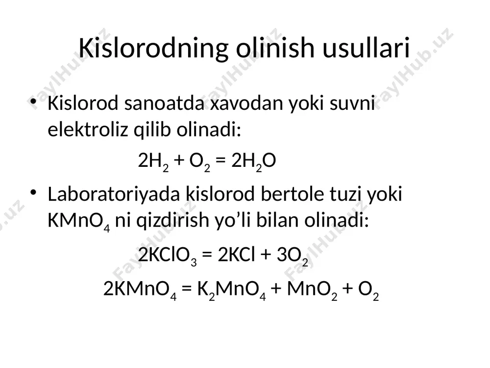 inadi: h2s2o8 + 2h2o = 2h2so4 + h2o2 na2s2o8 + 2h2o = na2so4 + h2so4 + h2o2 xossalari vodorod peroksidning tuzilishi formulasi h - o - o - h dir kislorod atomlari -o - o – ko’prik orqali birikadi kislorod ko’prigining uzilishi natijasida, sharoitga qarab, vodorod peroksid oksidlovchilik yoki qaytaruvchilik xossalarini namoyon qiladi: 2ki + h2o2 + h2so4 = i2 + k2so4 + 2h2o bu reaktsiyada h2o2 oksidlovchi sifatida ishtirok etadi: ag2o + h2o2 = 2ag + h2o + o2 vodorod peroksid beqaror modda bo’lib, yorug’likda o’zidan kislorod chiqarib, oddiy suvga aylanadi: 2h2o2 = 2h2o + o2 vodord peroksid molekulasidagi vodorodni metallar yoki metallamaslar bilan almashtirib, peroksi birikmalar xosil qilinadi bariy peroksid bao2, xromperoksid cro5, peroksonitrat kislotasi nho4, peroksosulfat kislota h2so5 peroksobirikmalar kuchli oksidlovchilar sifatida ishlatiladi. e’tiboringiz uchun raxmat