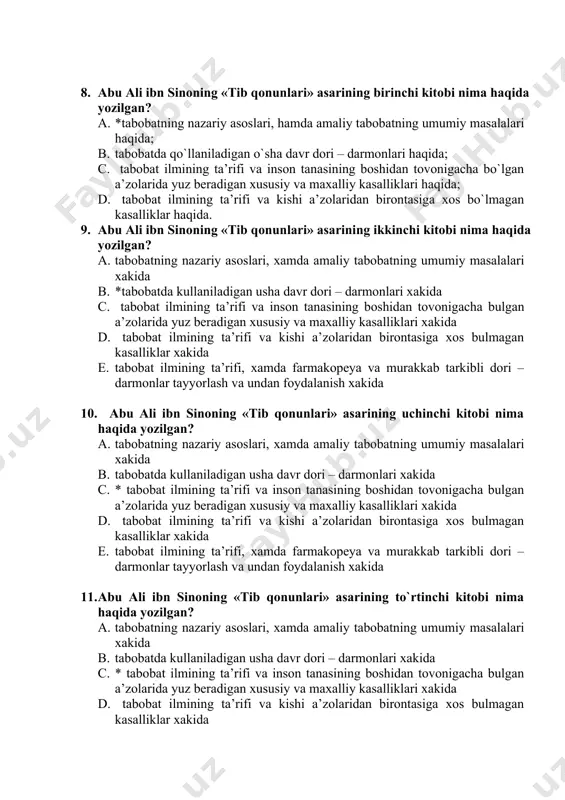 unlari» asarining uchinchi kitobi nima haqida yozilgan? a. tabobatning nazariy asoslari, xamda amaliy tabobatning umumiy masalalari xakida b. tabobatda kullaniladigan usha davr dori – darmonlari xakida c. * tabobat ilmining ta’rifi va inson tanasining boshidan tovonigacha bulgan a’zolarida yuz beradigan xususiy va maxalliy kasalliklari xakida d. tabobat ilmining ta’rifi va kishi a’zolaridan birontasiga xos bulmagan kasalliklar xakida e. tabobat ilmining ta’rifi, xamda farmakopeya va murakkab tarkibli dori – darmonlar tayyorlash va undan foydalanish xakida 11. abu ali ibn sinoning «tib qonunlari» asarining to`rtinchi kitobi nima haqida yozilgan? a. tabobatning nazariy asoslari, xamda amaliy tabobatning umumiy masalalari xakida b. tabobatda kullaniladigan usha davr dori – darmonlari xakida c. * tabobat ilmining ta’rifi va inson tanasining boshidan tovonigacha bulgan a’zolarida yuz beradigan xususiy va maxalliy kasalliklari xakida d. tabobat ilmining ta’rifi va kishi a’zolaridan birontasiga xos bulmagan kasalliklar xakida 12. abu ali ibn sinoning «tib qonunlari» asarining beshinchi kitobi nima haqida yozilgan? …
