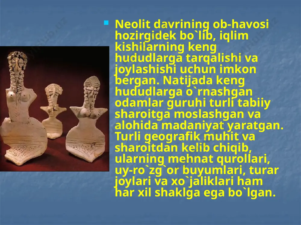 joylarda turlicha kechgan, ya`ni yer yuzida neolit davri har xil vaqtda paydo bo`lgan va tugagan. neolit davrini ikki bosqichga: ilk va so`nggi neolit davri bosqichlariga bo`lish mumkin. yevropa hududidagi neolit davri yodgorliklariga tavsif berib o`tamiz. g`arbiy yevropadagi eng qadimgi manzilgohlardan biri kampinidir. kampini manzilgohi fransiyaning shimolidagi quyi sena departamentiga qarashli bleni-syur-brel qishlog`i yaqinidan topilgan. bu manzilgohdagi qazuv ishlari 1897 yildan p.salmon va g.d`o-dyu-menil tomonidan boshlangan. izlanishlar jarayonida yarim yerto`la ko`rinishidani uy qoldig`i ochilgan, unda o`choq qoldiqlari, minglab chaqmoqtoshdan qilingan tosh qurollari, ko`mir, kul, bug`u, ot va ho`kizning suyak qoldiqlari topilgan. topilmlar orasida eng diqqatga sazovori sopol parchasida saqlanib qolgan arpa donidir. olimlar izlanishlar natijasini xulosasi sifatida bu yerda yashagan qadimgi odamlar dehqonchilik bilan ham shug`ullana boshlaganliklarini ko`rsatib berishgan. neolit davri jamoalari hayotida o`troq xo`jalikning yorqin belgisi sifatida yana bir xo`jalik yangiligi ixtiro qilindi. bu bo`lajak hunarmandchilik ho`jaligining muhim tarmog`i hisoblangan sopol buyumlar ishlab chiqarishning paydo bo`lishi edi. kulolchilik buyumlarining paydo …