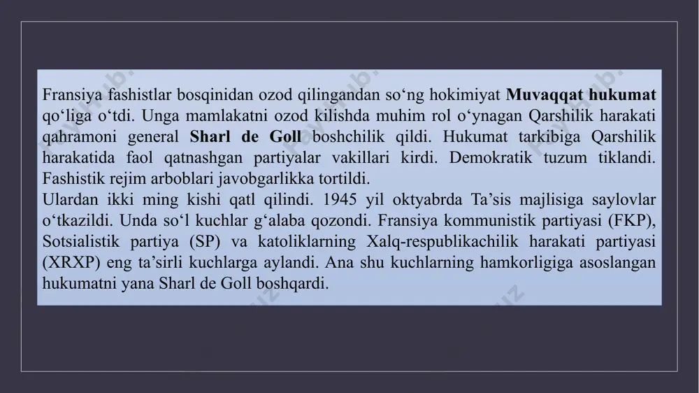 muddatga saylanishi prezidentni esa yeti yil muddatga parlament saydigan bo’ldi. 1958 yil aprelda fransiyada navbatdagi siyosiy inqiroz boshlanib, 5 hafta davom etdi. hukmron doiralar vujudga kelgan holatdan chikishning yo‘li sifatida barchani birday qoniqtirishi mumkin bo‘lgan general de gollga murojaat kildilar. de goll unga konsti- tutsiyani qayta ko‘rib chikish uchun favqulodda vakolatlar berilgan taqdirda hokimiyatni egallashga rozi bo‘ldi. 1958 yil 1 iyun kuni parlament de gollga u talab qilgan barcha vakolatlarni berdi. de goll milliy majlisni tarqatib yubordi. to‘rtinchi respublika barham topdi. beshinchi respublika. hokimiyatga qaytgan de goll yangi konstitutsiya loyihasini ishlab chiqishga kirishdi. 1958 yil 28 sentyabrda referendum o‘tkazilib, fransuzlar de goll boshchi- ligida ishlab chikilgan konstitutsiyani ma’qulladi, 79% saylov- chilar yangi konstitutsiya uchun ovoz berdi. unda davlatni boshqarish shaklini jiddiy o‘zgartirish ko‘zda tutilgan edi. konstitutsiyaga muvofik fransiya prezidentlik respublikasiga aylandi. umumxalq saylovi orqali 7 yil muddatga saylanadigan prezident keng vako- latlarga ega bo‘ldi. u davlat boshlig‘i, ijro hokimiyati boshlig‘i …